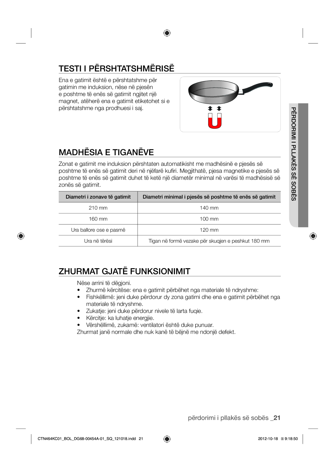 Samsung CTN464KC01/BOL manual Testi I Përshtatshmërisë, Madhësia E Tiganëve, Zhurmat Gjatë Funksionimit 