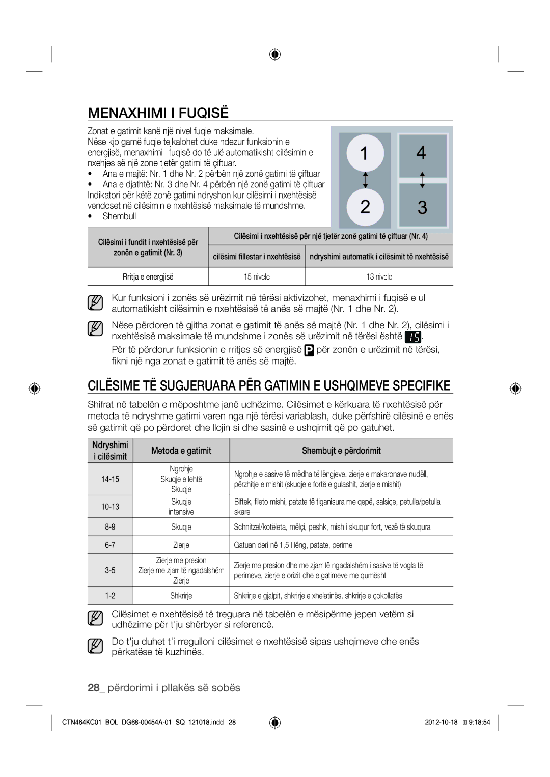 Samsung CTN464KC01/BOL manual Menaxhimi I Fuqisë, Cilësime TË Sugjeruara PËR Gatimin E Ushqimeve Specifike 