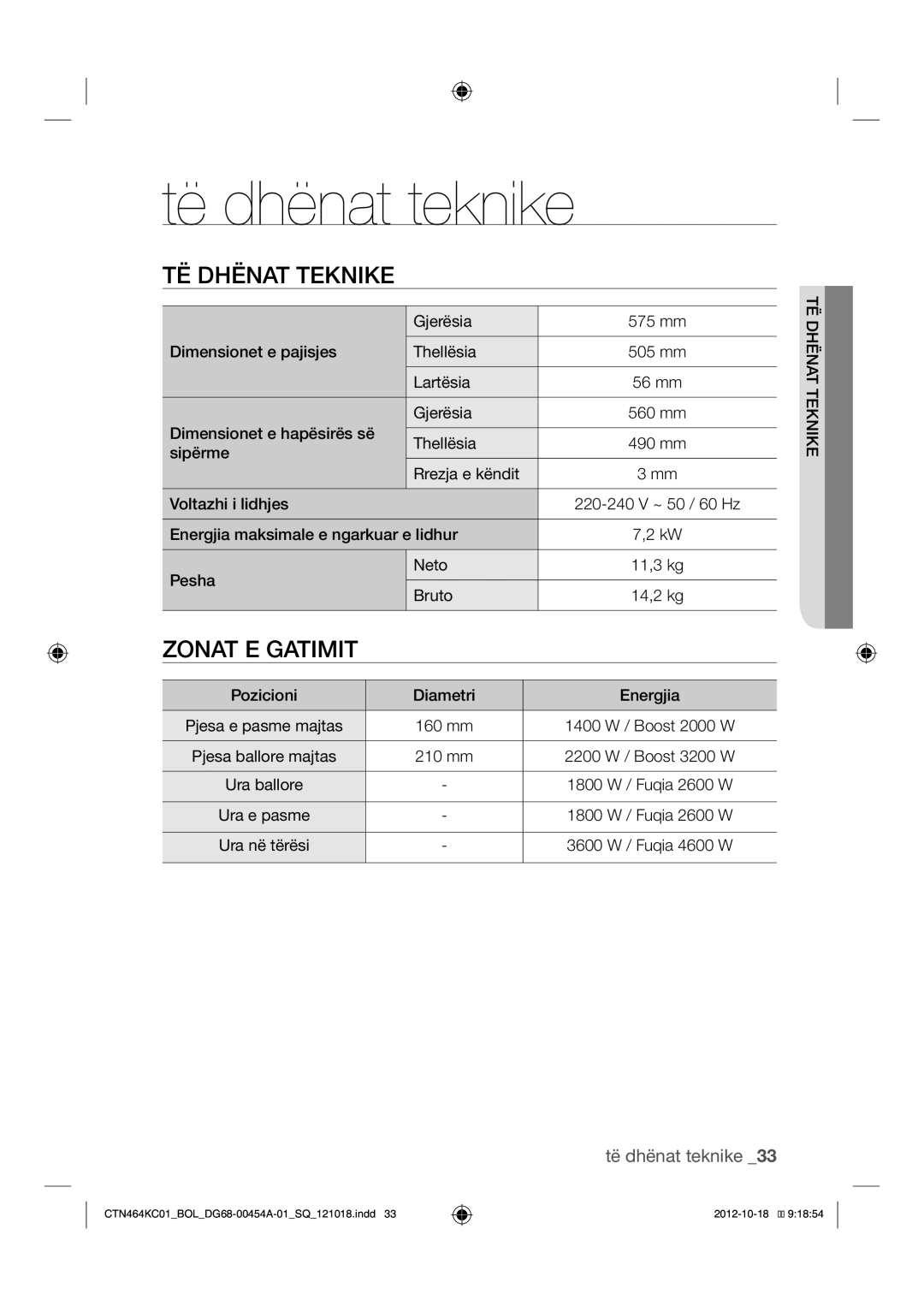 Samsung CTN464KC01/BOL manual Të dhënat teknike, TË Dhënat Teknike 