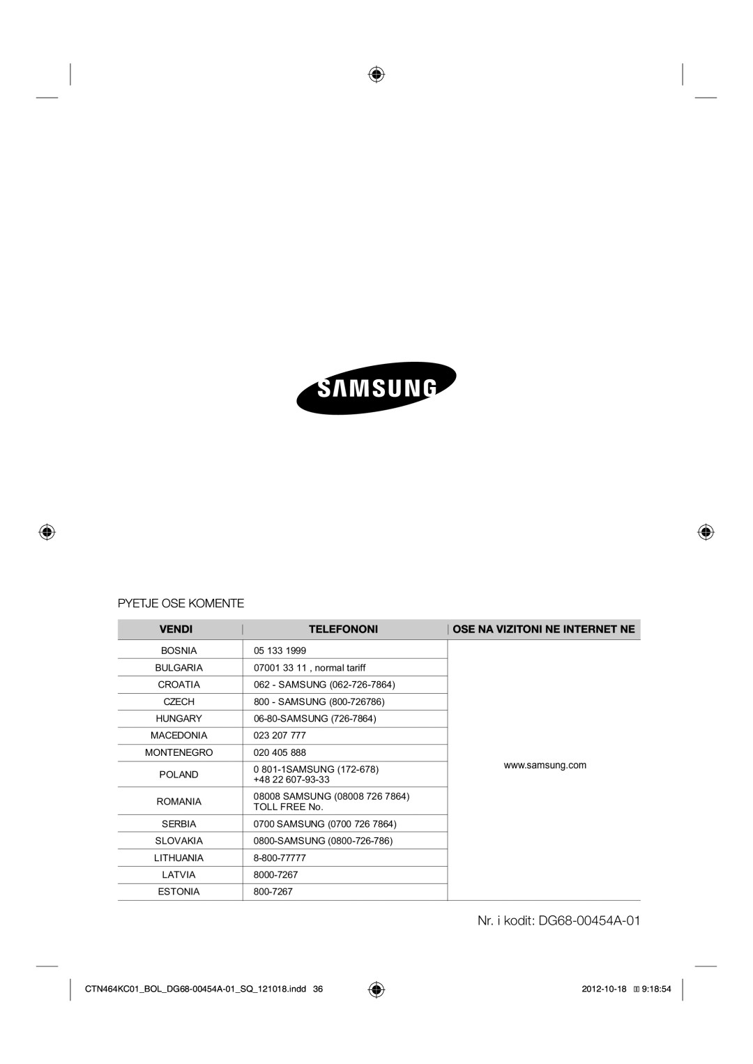 Samsung CTN464KC01/BOL manual Nr. i kodit DG68-00454A-01, Bosnia 