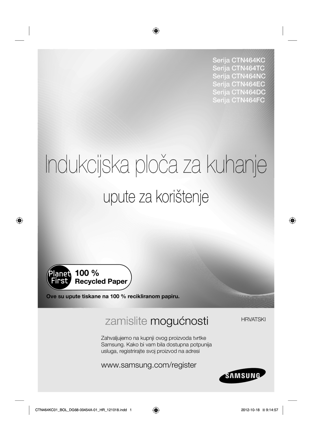 Samsung CTN464KC01/BOL manual Indukcijska ploča za kuhanje, Upute za korištenje 