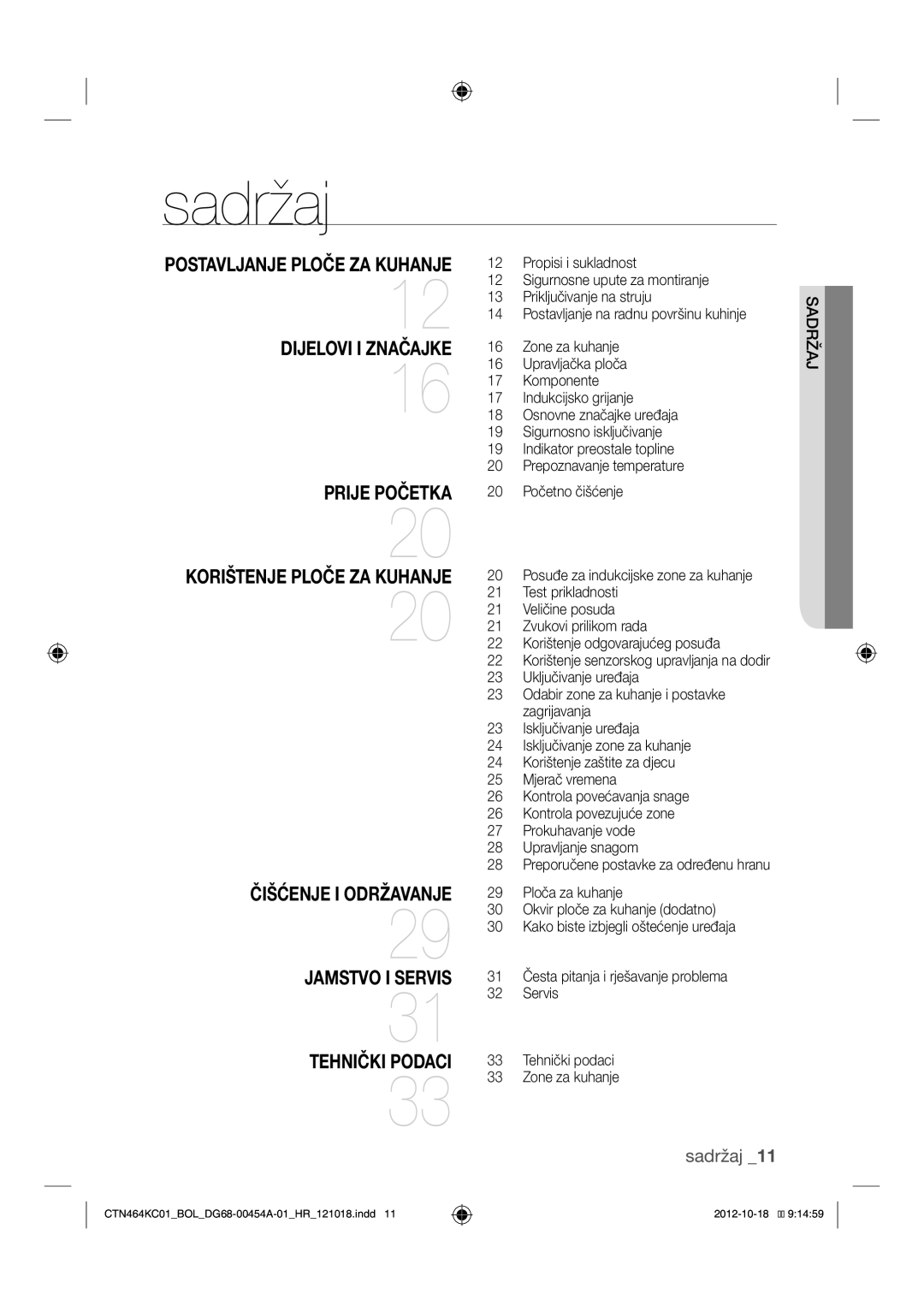 Samsung CTN464KC01/BOL manual Sadržaj, Postavljanje Ploče ZA Kuhanje 