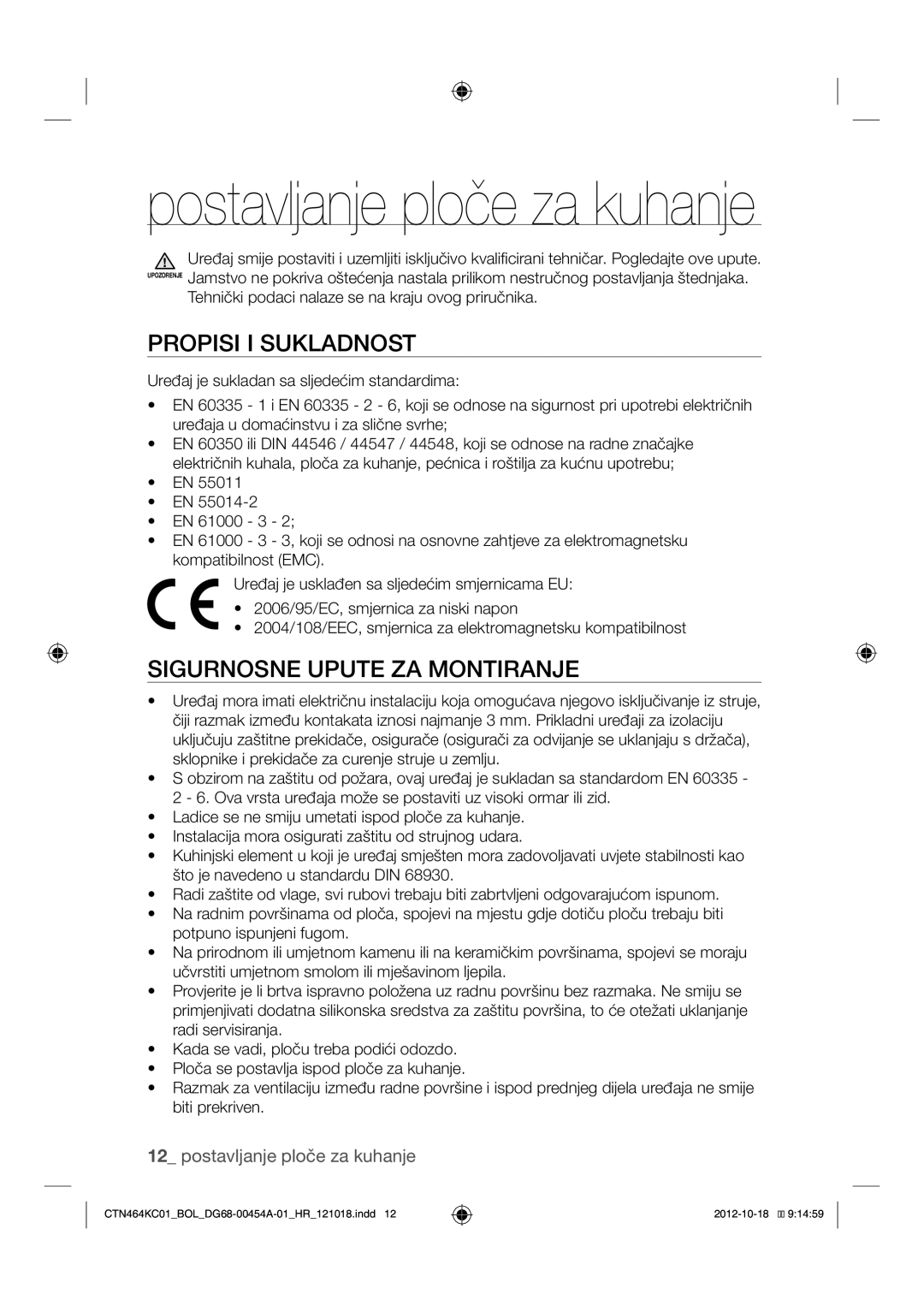 Samsung CTN464KC01/BOL manual Propisi I Sukladnost, Sigurnosne Upute ZA Montiranje 