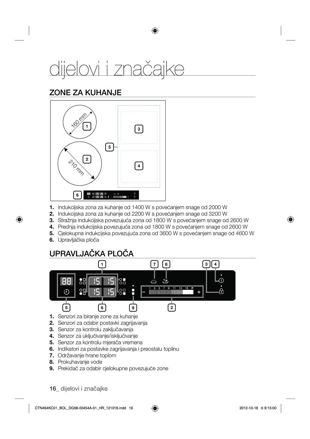 Samsung CTN464KC01/BOL manual Dijelovi i značajke, Zone ZA Kuhanje, Upravljačka Ploča 