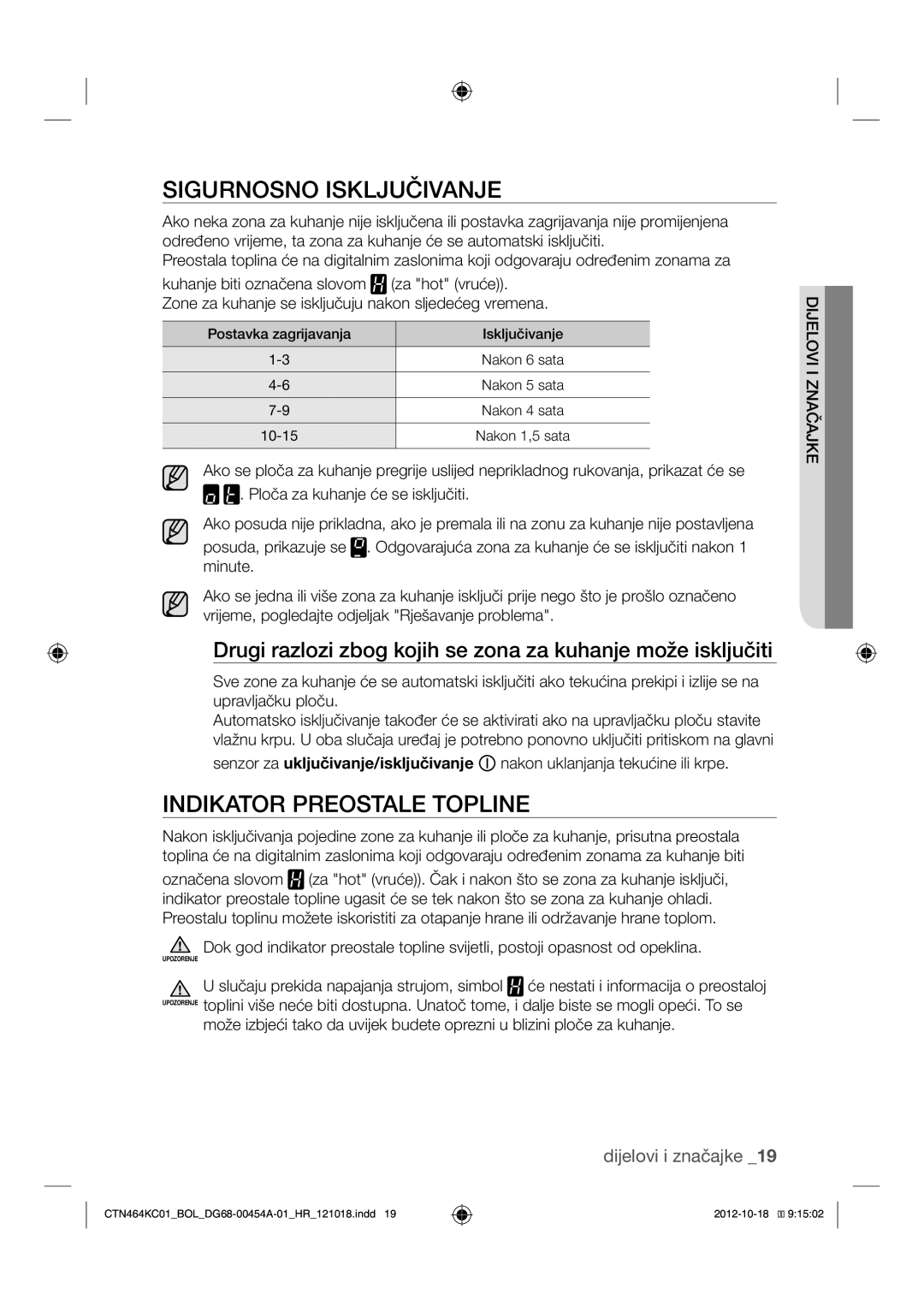 Samsung CTN464KC01/BOL manual Sigurnosno Isključivanje, Indikator Preostale Topline 