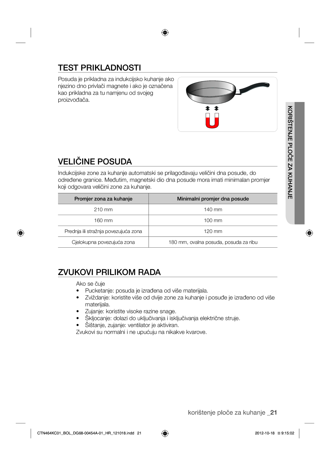 Samsung CTN464KC01/BOL manual Test Prikladnosti, Veličine Posuda, Zvukovi Prilikom Rada 