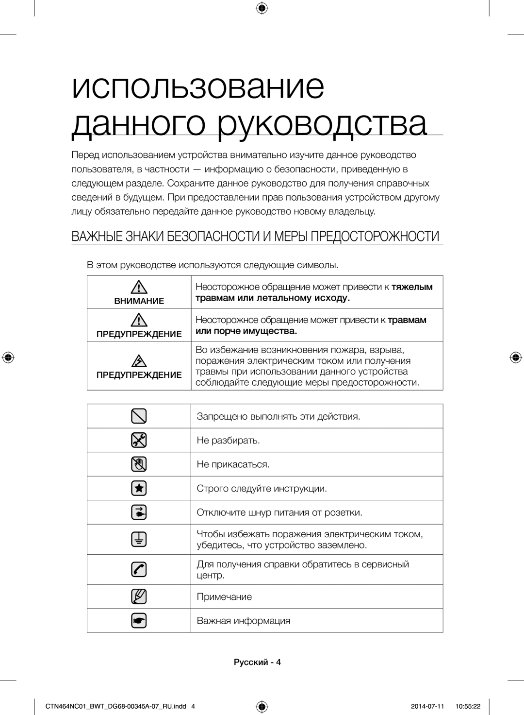 Samsung CTN464KC01/BWT manual Использование данного руководства, Важные Знаки Безопасности И Меры Предосторожности 