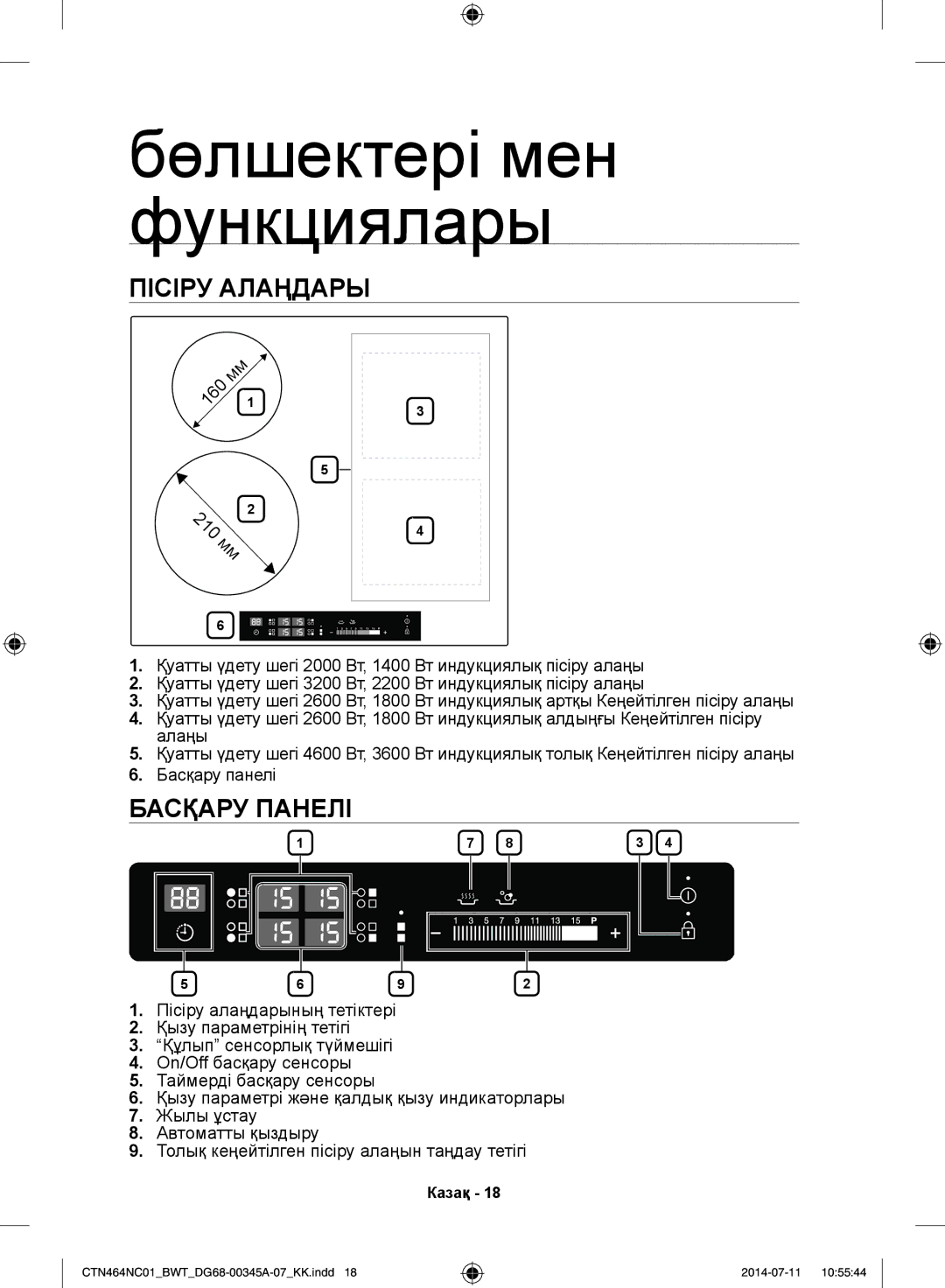 Samsung CTN464KC01/BWT, CTN464NC01/BWT manual Бөлшектері мен функциялары, Пісіру Алаңдары, Басқару Панелі, 210 мм 