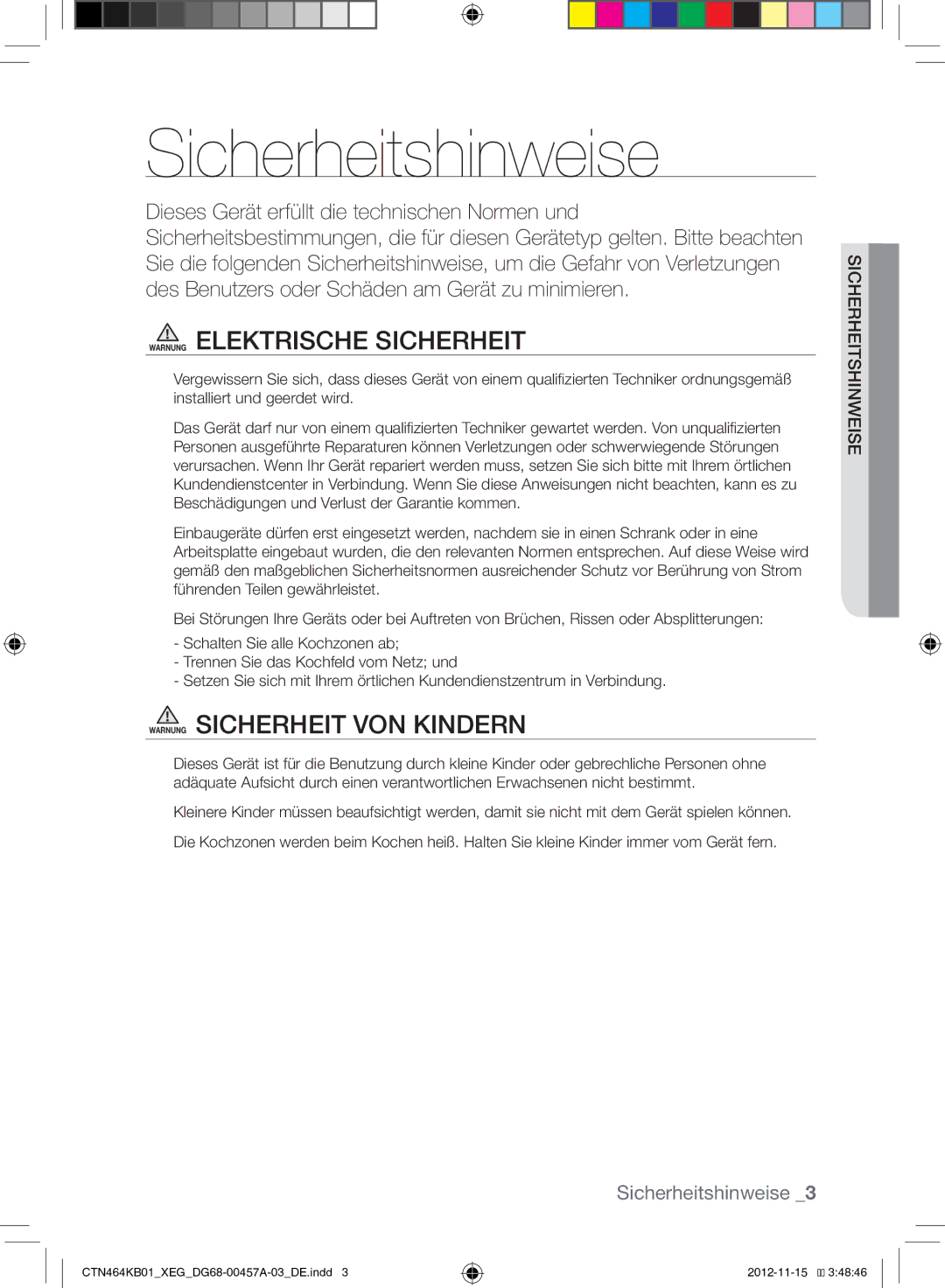 Samsung CTN464KB01/XEG, CTN464KC01/XEG Sicherheitshinweise, Warnung Elektrische Sicherheit, Warnung Sicherheit VON Kindern 