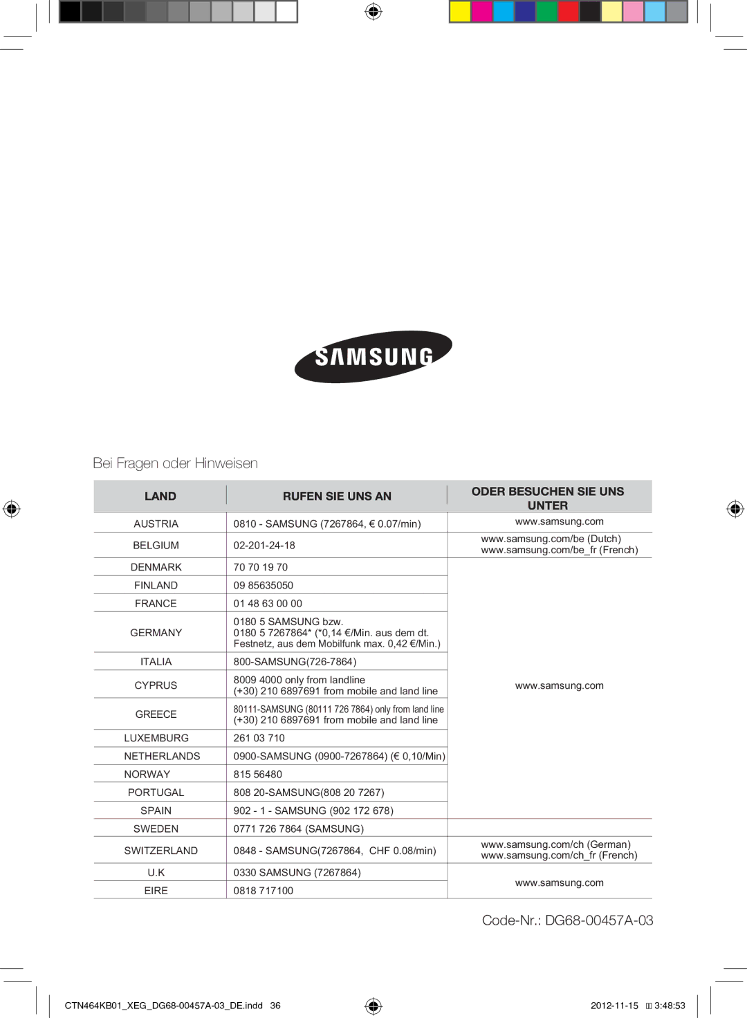 Samsung CTN464KC01/XEG, CTN464KB01/XEG manual Bei Fragen oder Hinweisen 