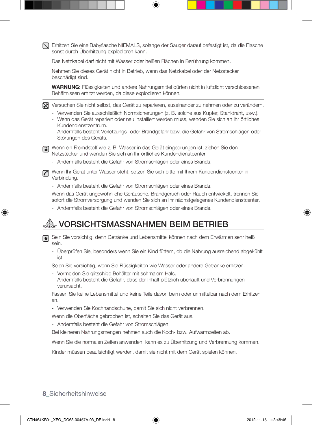 Samsung CTN464KC01/XEG, CTN464KB01/XEG manual Vorsicht Vorsichtsmassnahmen Beim Betrieb, 8Sicherheitshinweise 