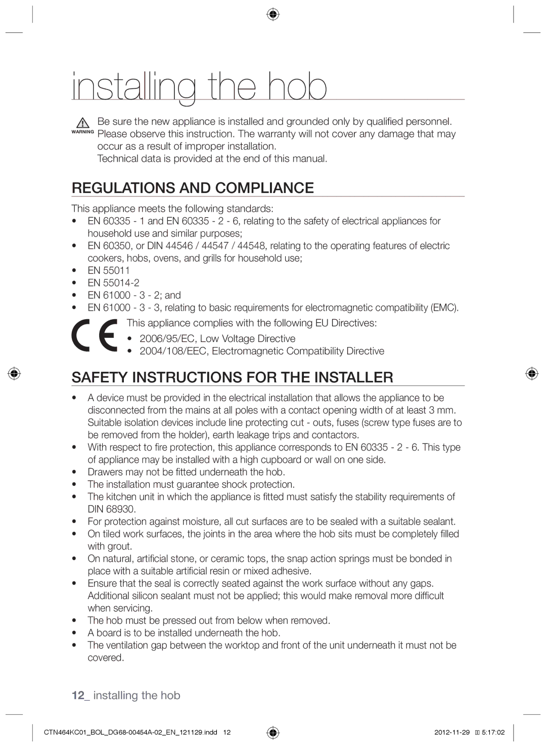 Samsung CTN464KC01/XEO manual Installing the hob, Regulations and compliance, Safety instructions for the installer 