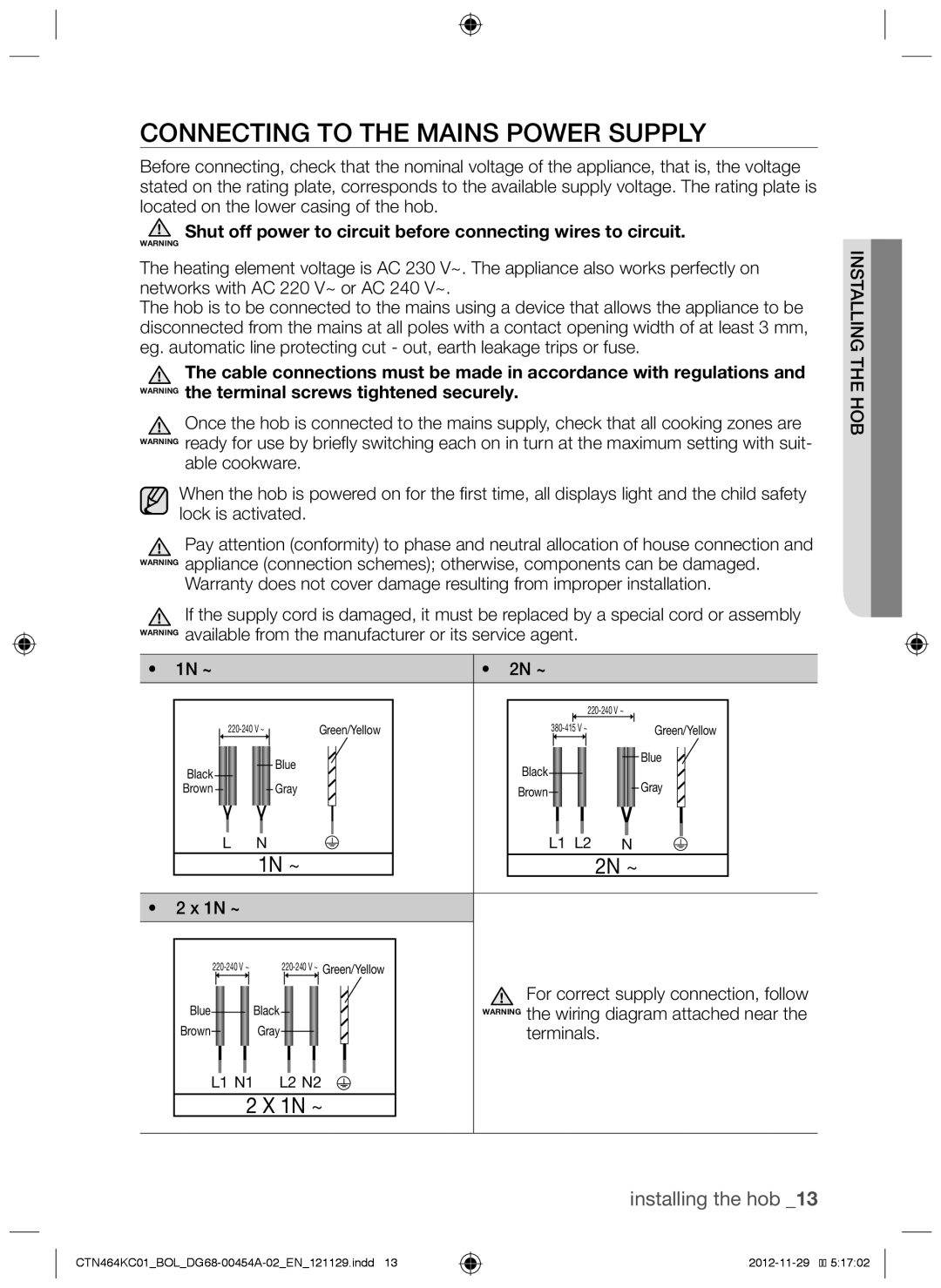 Samsung CTN464KC01/BOL, CTN464KC01/XEO manual Connecting to the mains power supply, 1N ~ 2N ~ 