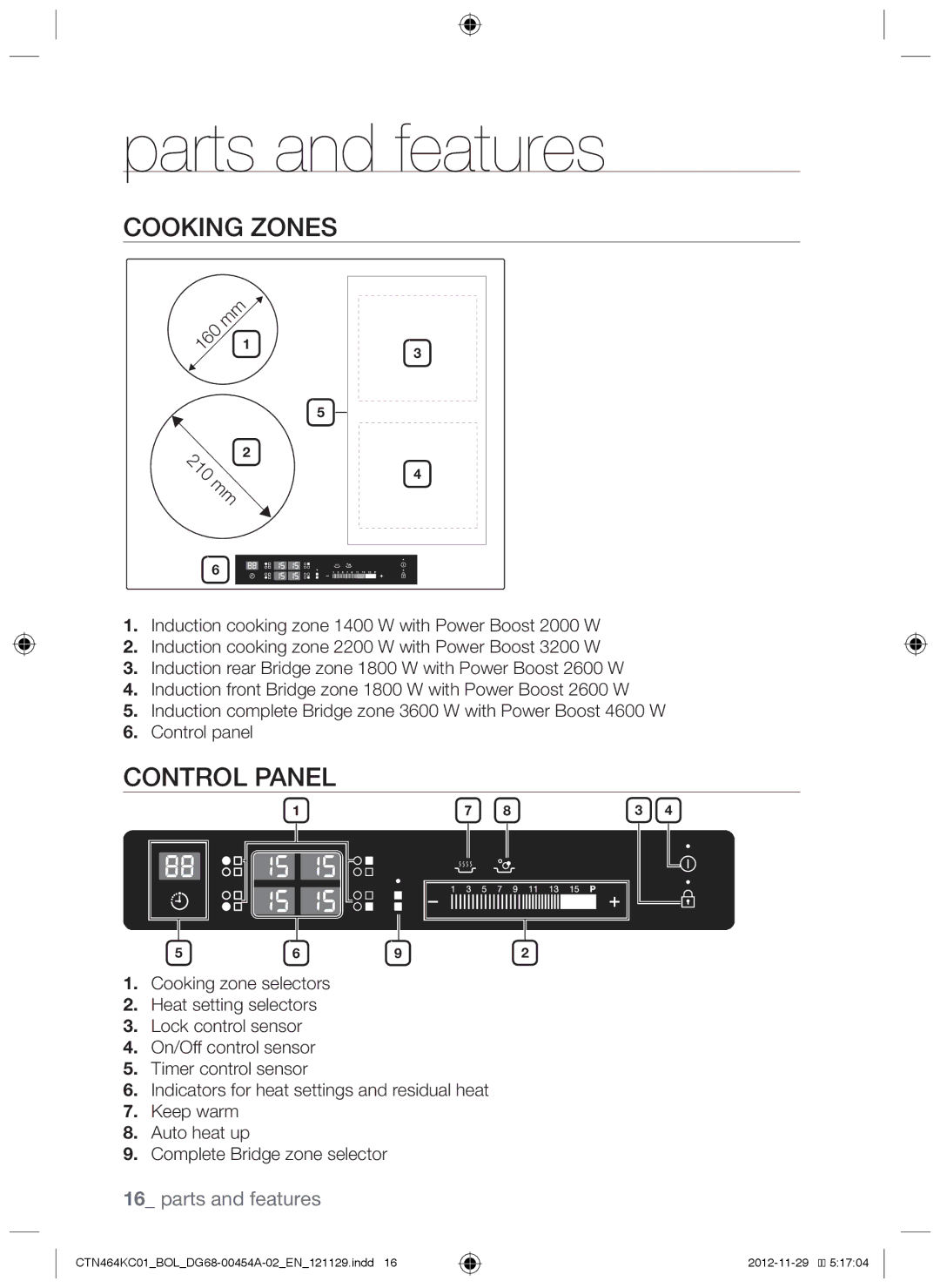 Samsung CTN464KC01/XEO, CTN464KC01/BOL manual Parts and features, Cooking zones, Control panel 