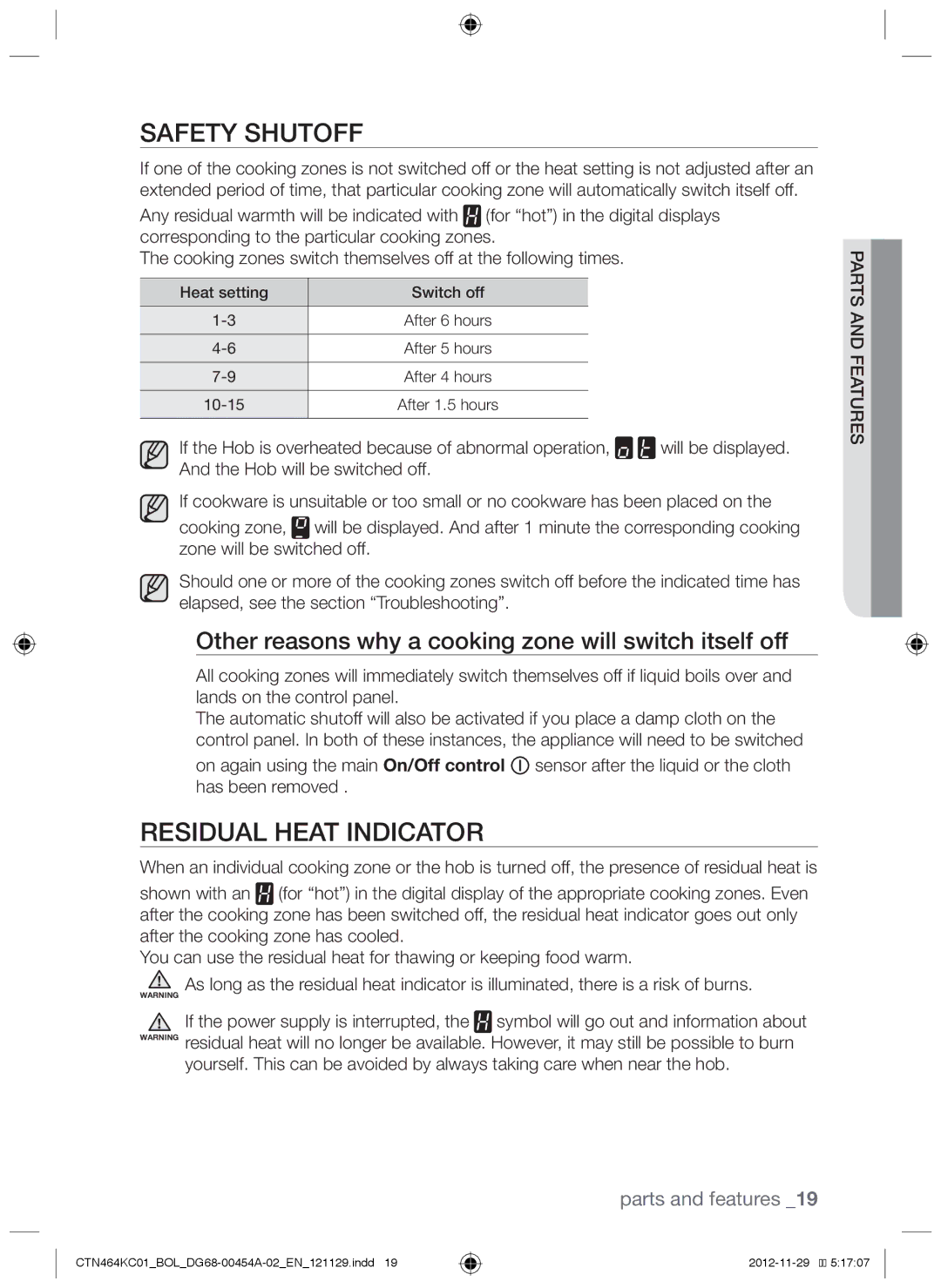 Samsung CTN464KC01/BOL Safety shutoff, Residual heat indicator, Other reasons why a cooking zone will switch itself off 