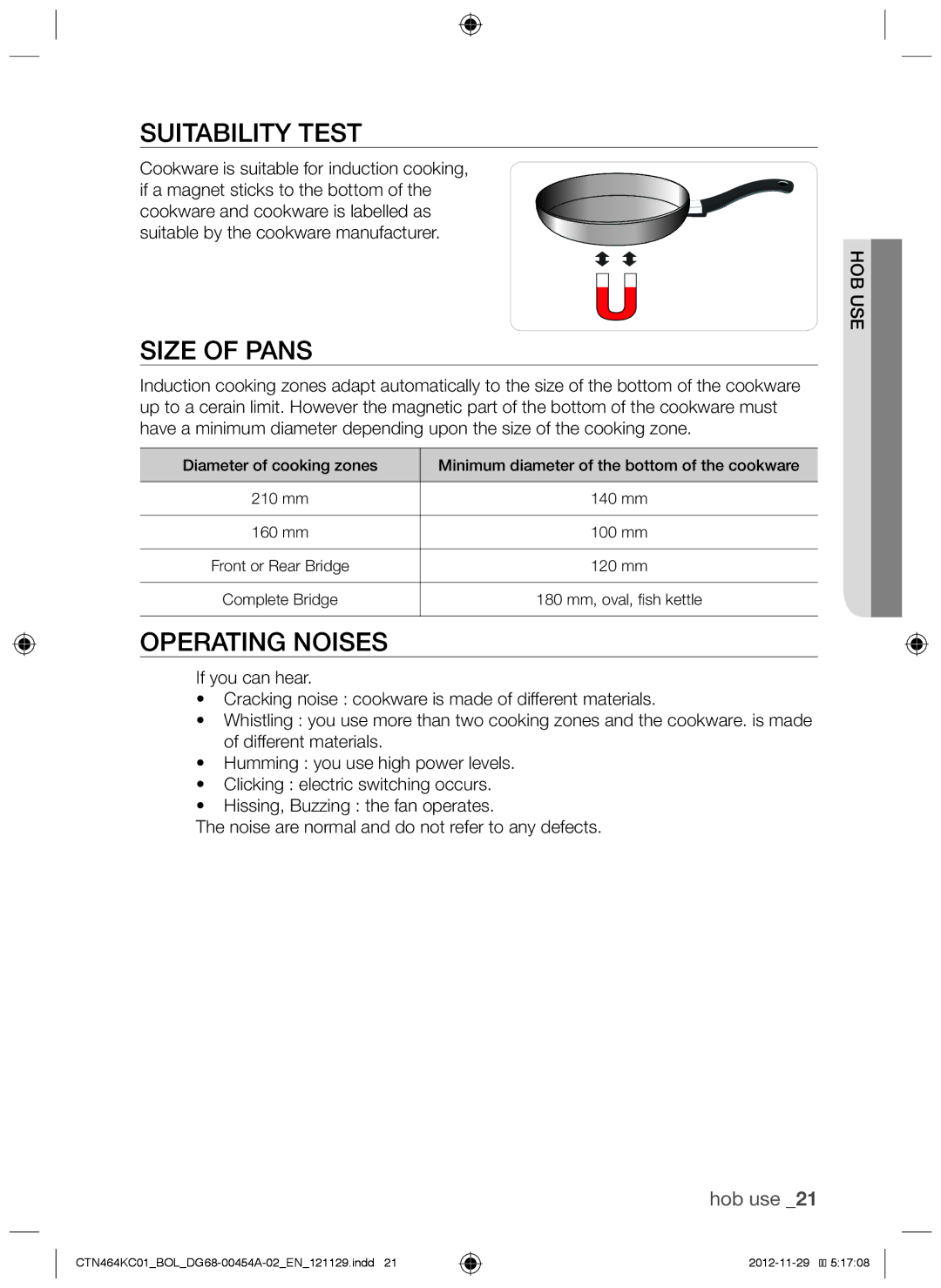 Samsung CTN464KC01/BOL, CTN464KC01/XEO manual Suitability test, Size of pans, Operating noises 