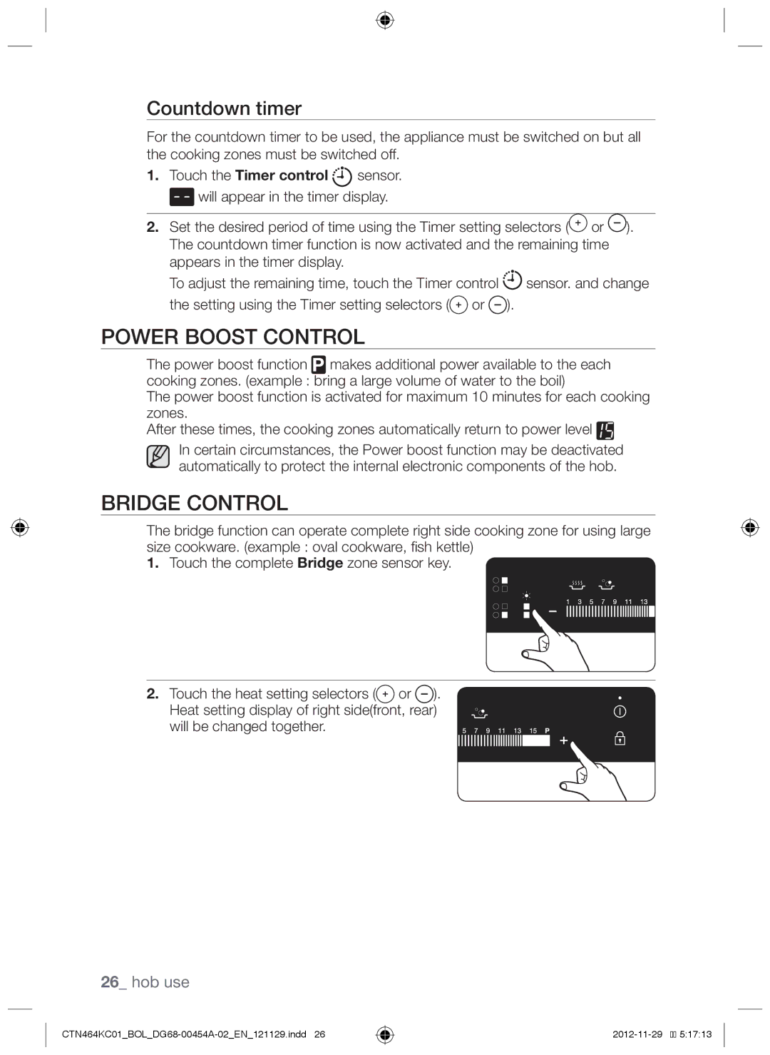 Samsung CTN464KC01/XEO, CTN464KC01/BOL manual Power boost control, Bridge Control, Countdown timer 