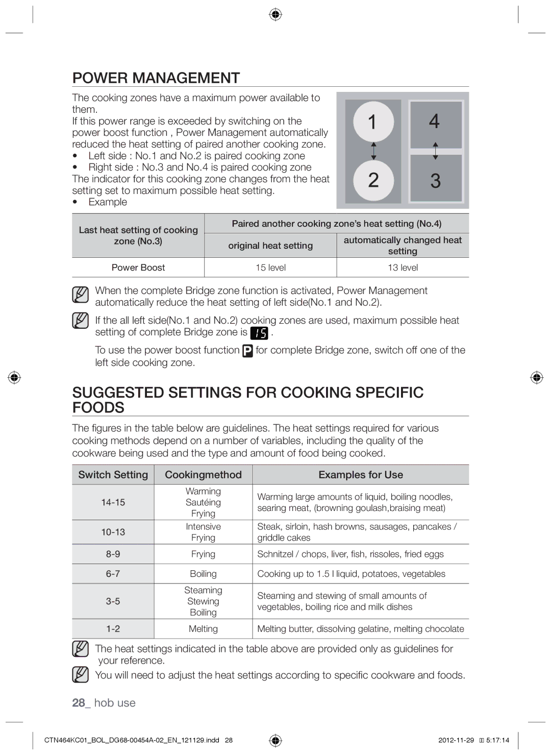 Samsung CTN464KC01/XEO, CTN464KC01/BOL manual Power Management, Suggested settings for cooking specific foods 