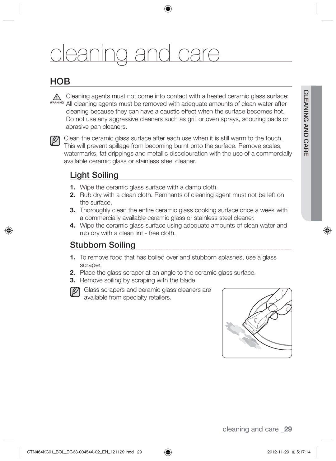 Samsung CTN464KC01/BOL, CTN464KC01/XEO manual Cleaning and care, Hob, Light Soiling, Stubborn Soiling 