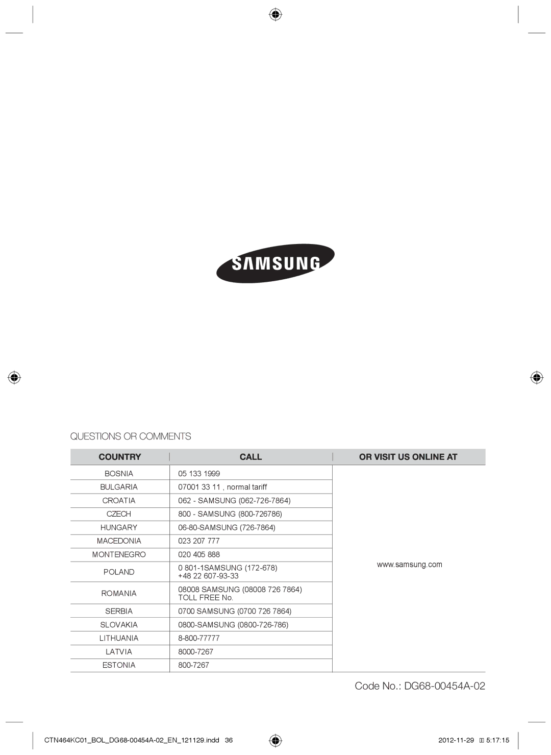 Samsung CTN464KC01/XEO, CTN464KC01/BOL manual Code No. DG68-00454A-02 