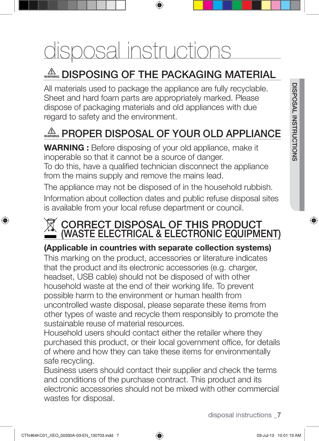 Samsung CTN464KC01/XEO, CTN464NC01/XEO, CTN464KC01/BOL manual Disposal instructions, Instructionsdisposal 