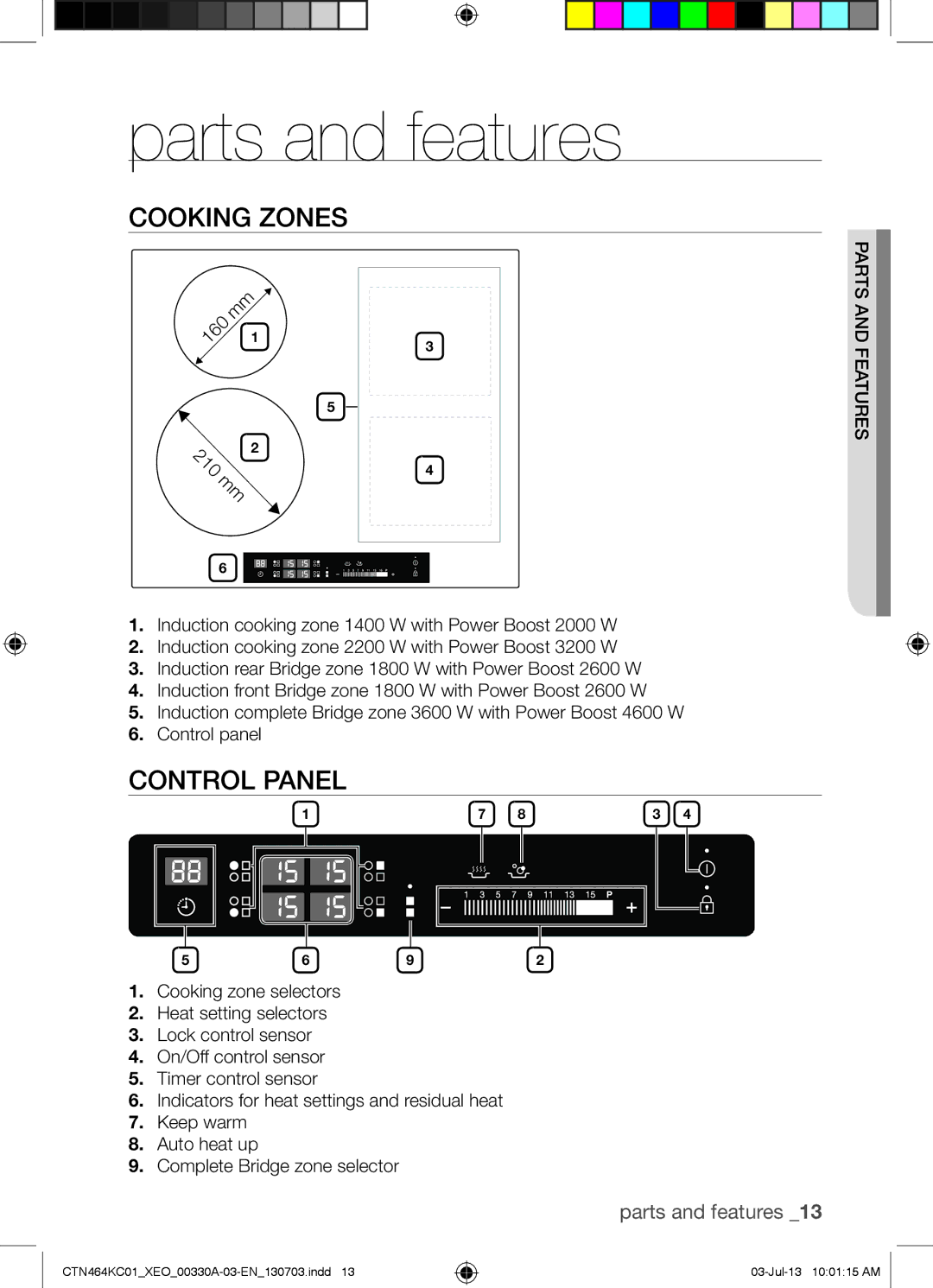 Samsung CTN464KC01/XEO, CTN464NC01/XEO, CTN464KC01/BOL manual Parts and features, Cooking Zones, Control Panel 