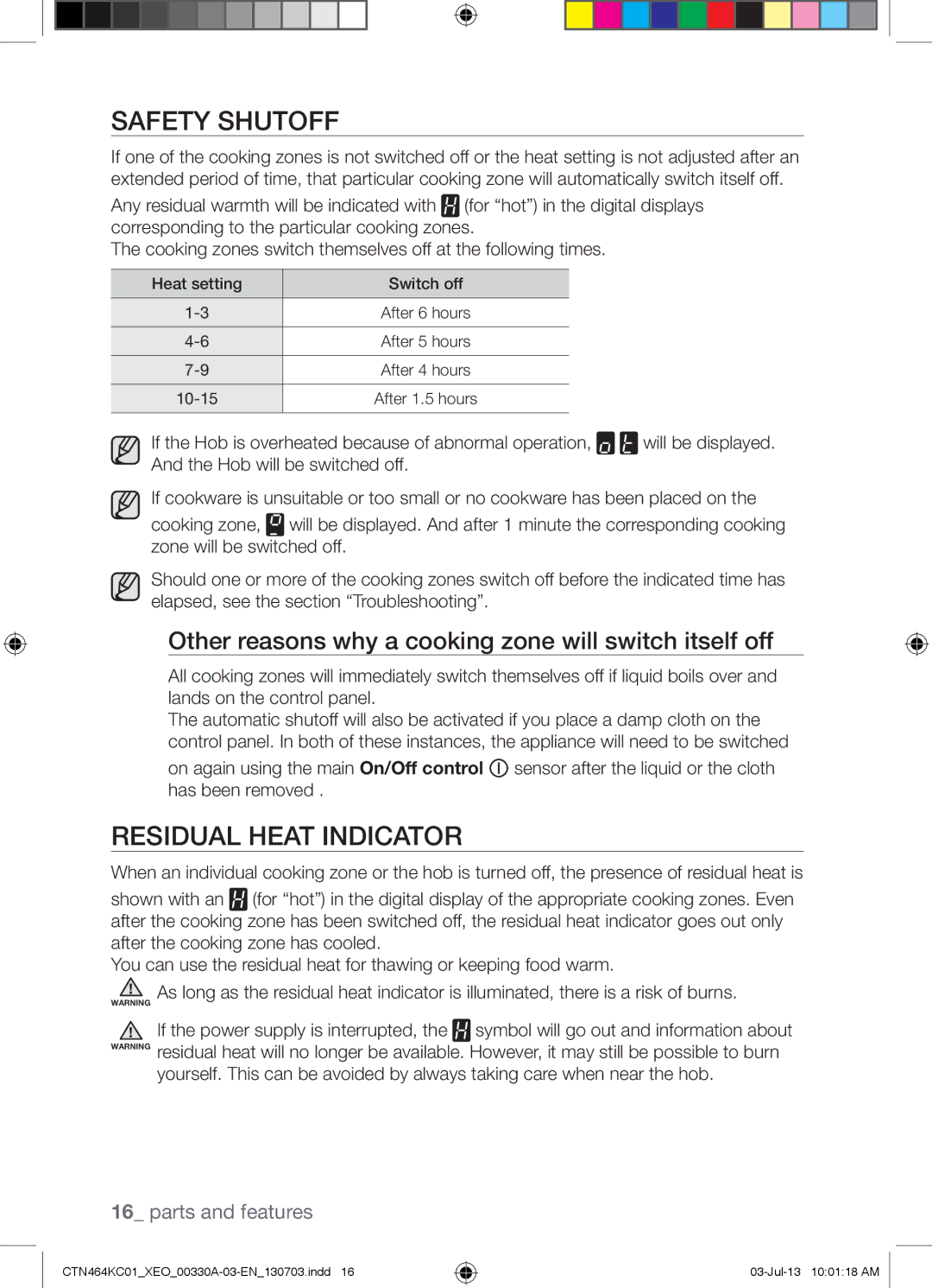 Samsung CTN464KC01/XEO Safety Shutoff, Residual Heat Indicator, Other reasons why a cooking zone will switch itself off 