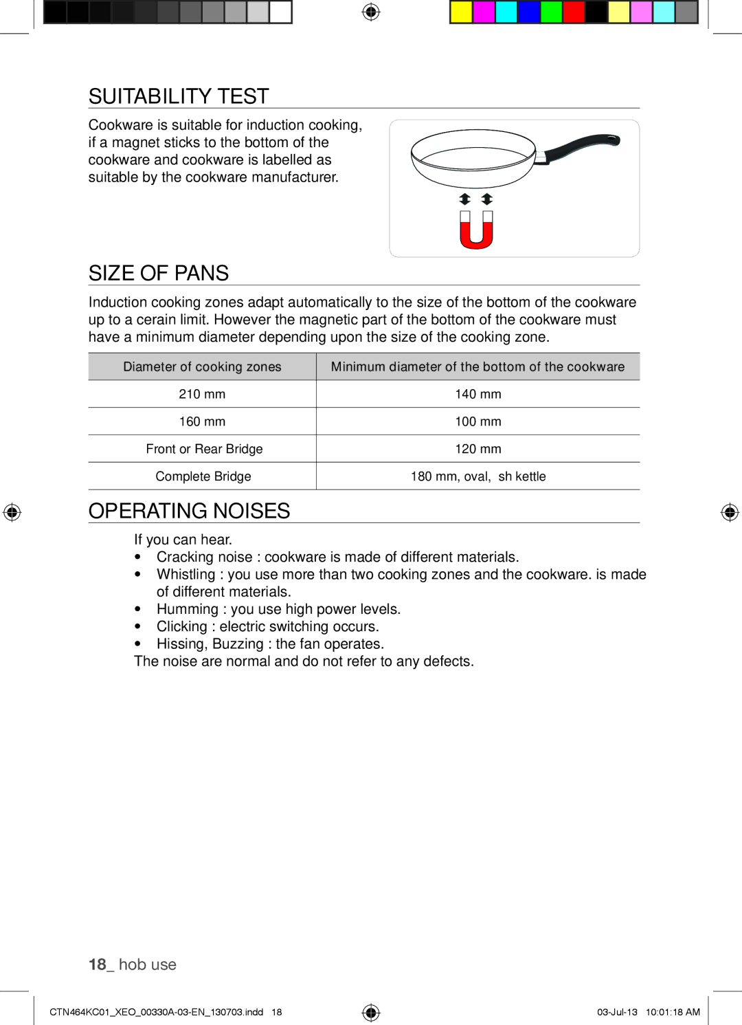 Samsung CTN464KC01/BOL, CTN464KC01/XEO, CTN464NC01/XEO manual Suitability Test, Size of Pans, Operating Noises 