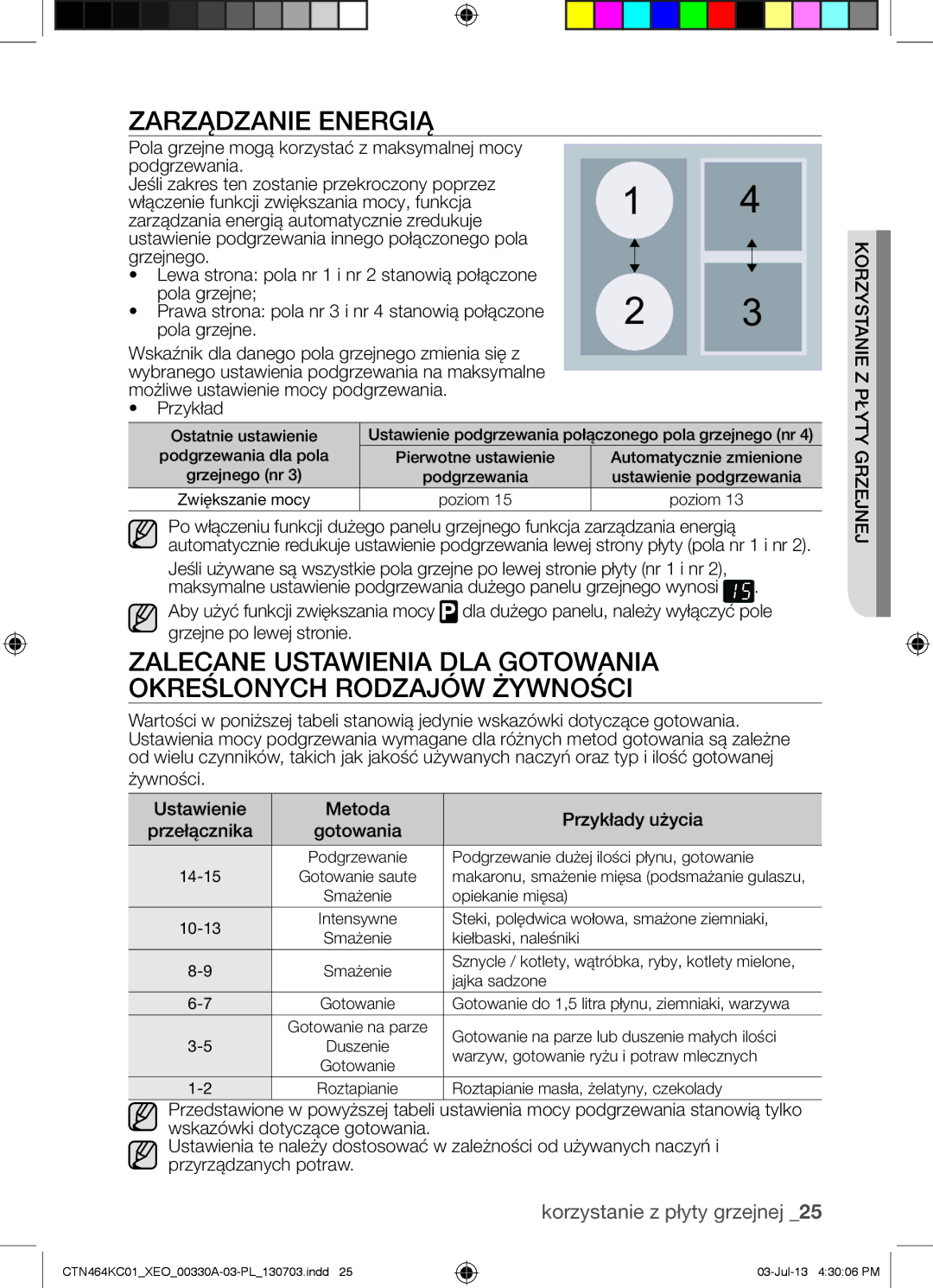 Samsung CTN464NC01/XEO, CTN464KC01/XEO Zarządzanie Energią, Żywności, Metoda Przykłady użycia Przełącznika Gotowania 