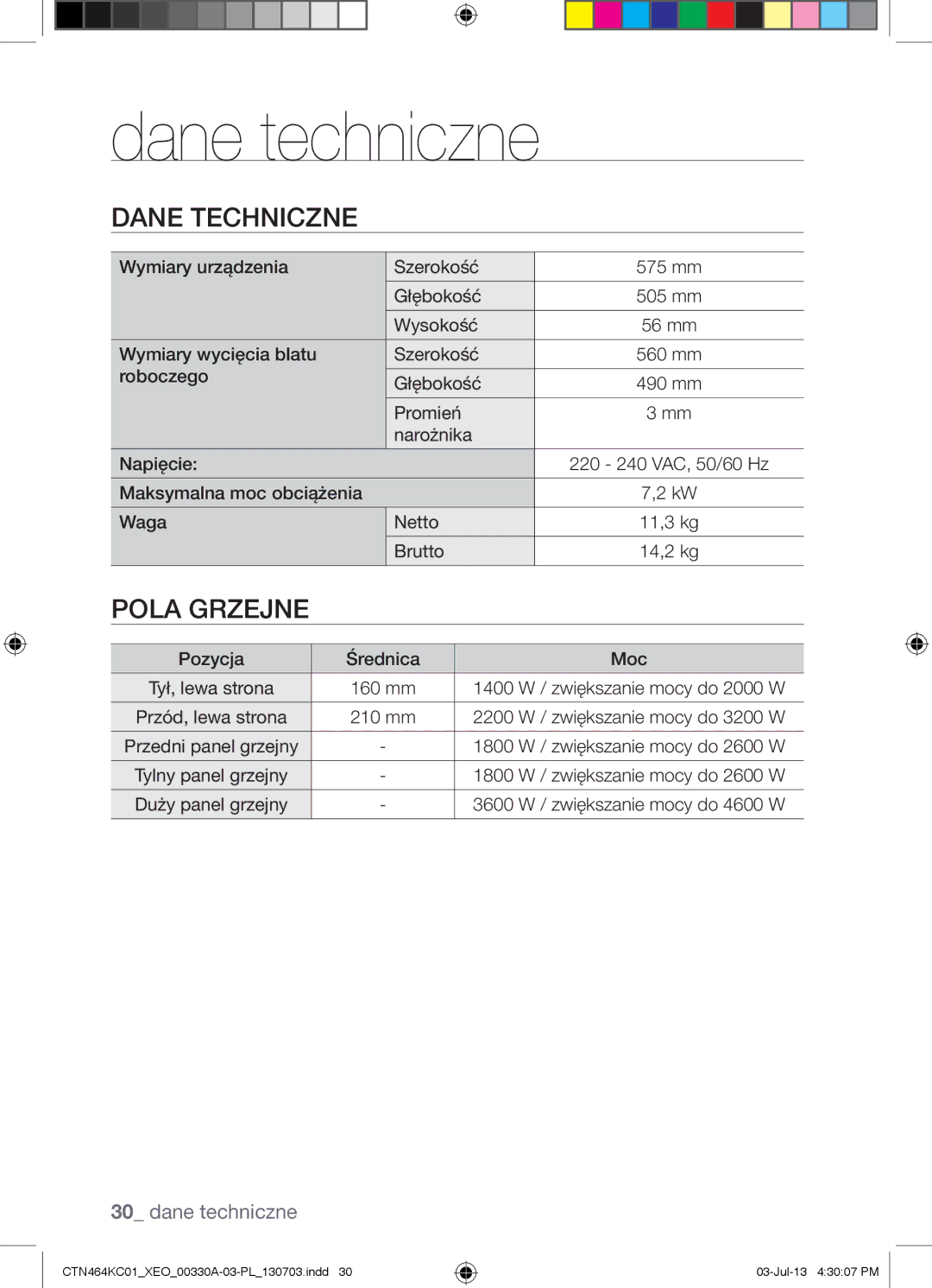 Samsung CTN464KC01/XEO, CTN464NC01/XEO, CTN464KC01/BOL manual Dane techniczne, Dane Techniczne 