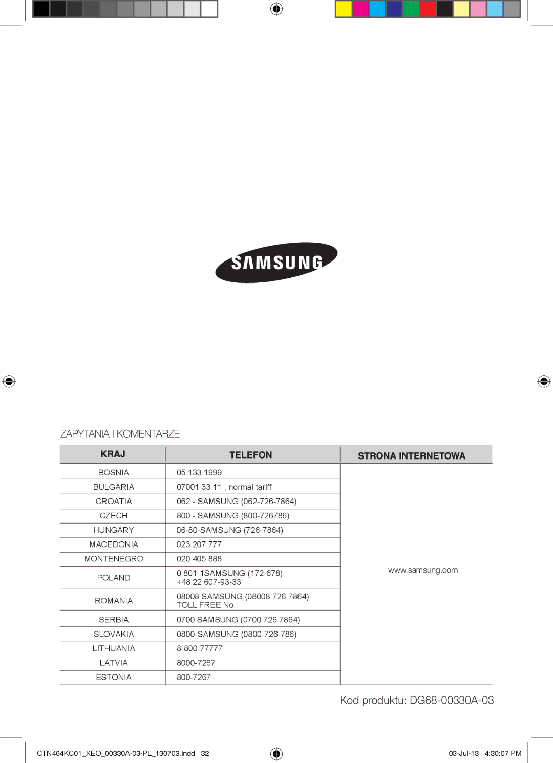 Samsung CTN464KC01/BOL, CTN464KC01/XEO, CTN464NC01/XEO manual Kod produktu DG68-00330A-03 