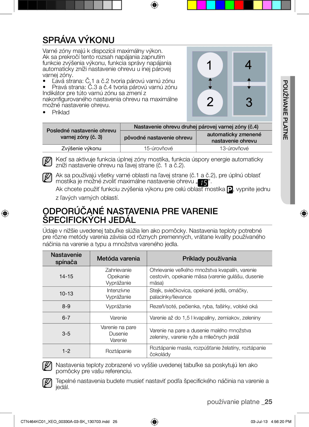 Samsung CTN464KC01/BOL, CTN464KC01/XEO, CTN464NC01/XEO Správa Výkonu, Odporúčané Nastavenia PRE Varenie Špecifických Jedál 