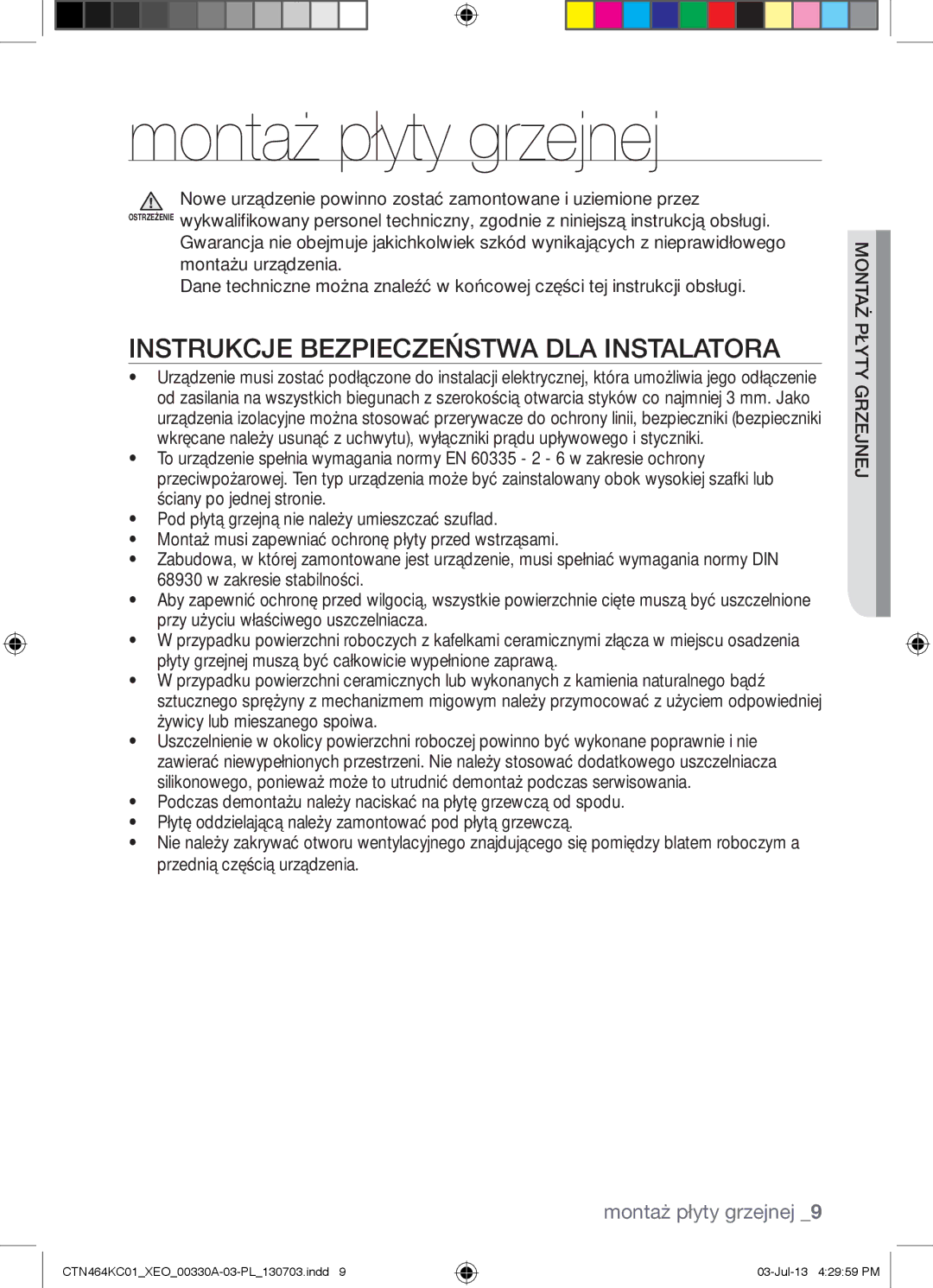 Samsung CTN464KC01/XEO, CTN464NC01/XEO, CTN464KC01/BOL Montaż płyty grzejnej, Instrukcje Bezpieczeństwa DLA Instalatora 