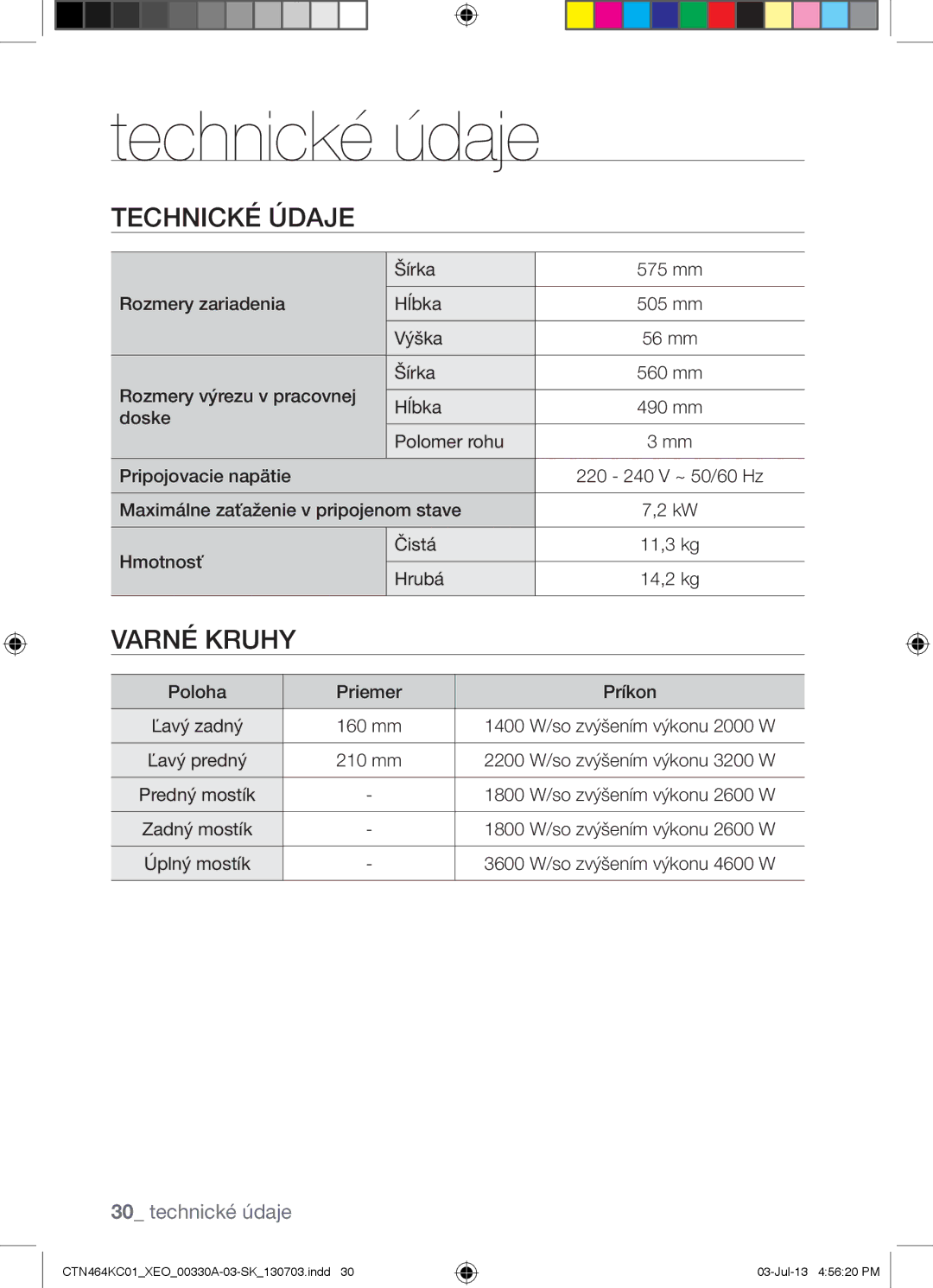 Samsung CTN464NC01/XEO, CTN464KC01/XEO, CTN464KC01/BOL manual Technické údaje, Technické Údaje, Varné Kruhy 