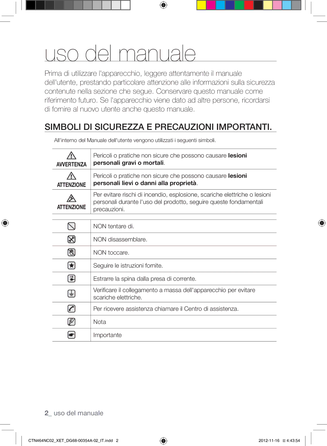 Samsung CTN464KC02/XET Uso del manuale, Simboli DI Sicurezza E Precauzioni Importanti 