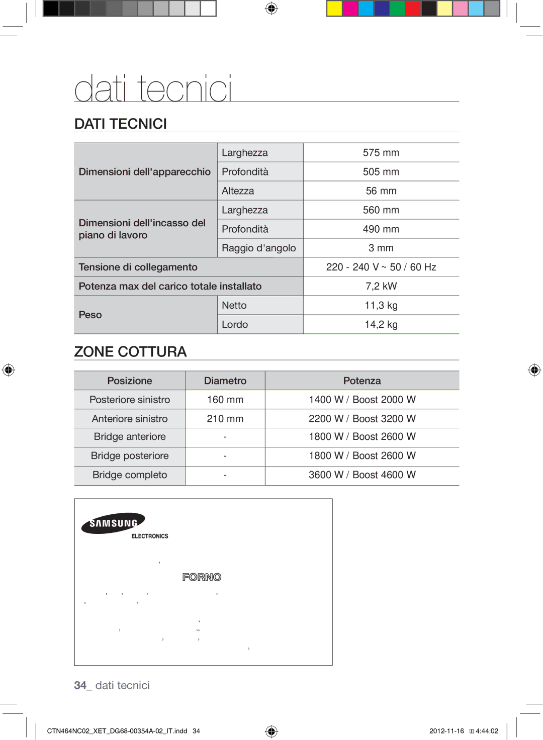 Samsung CTN464KC02/XET manual Dati tecnici, Dati Tecnici 