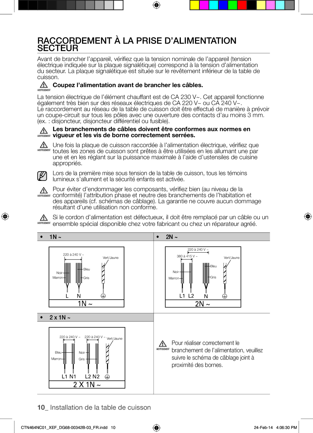 Samsung CTN464NC01/XEF manual Raccordement À LA Prise D’ALIMENTATION Secteur, 1N ~ 2N ~ 