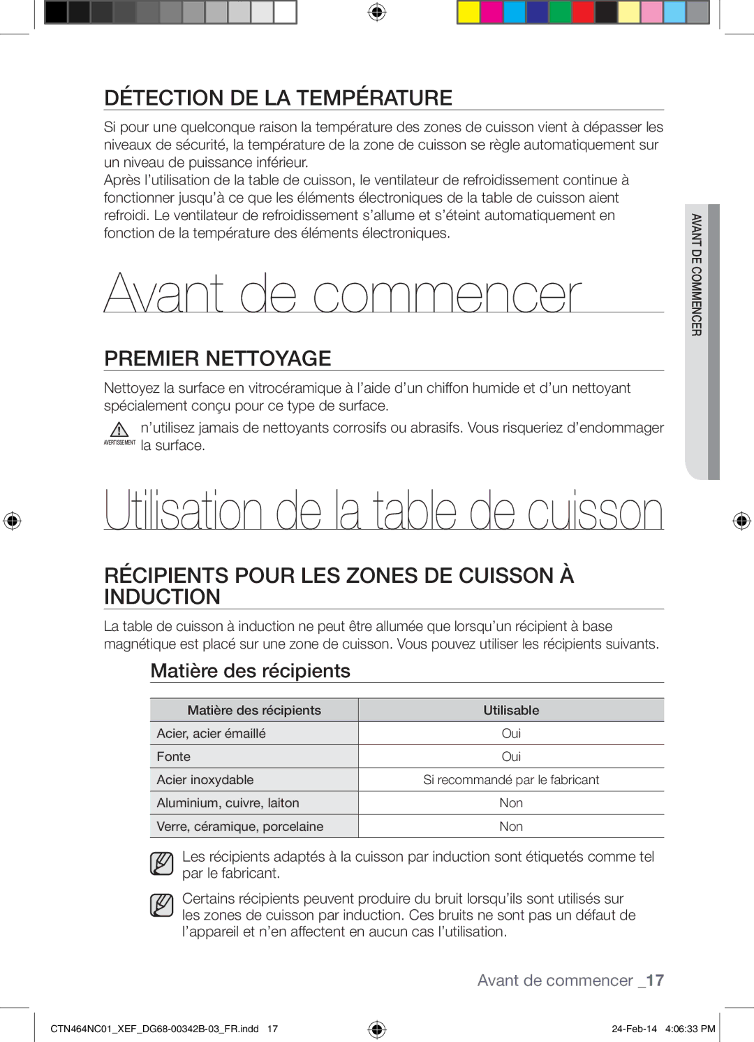 Samsung CTN464NC01/XEF manual Avant de commencer, Détection DE LA Température, Premier Nettoyage, Matière des récipients 