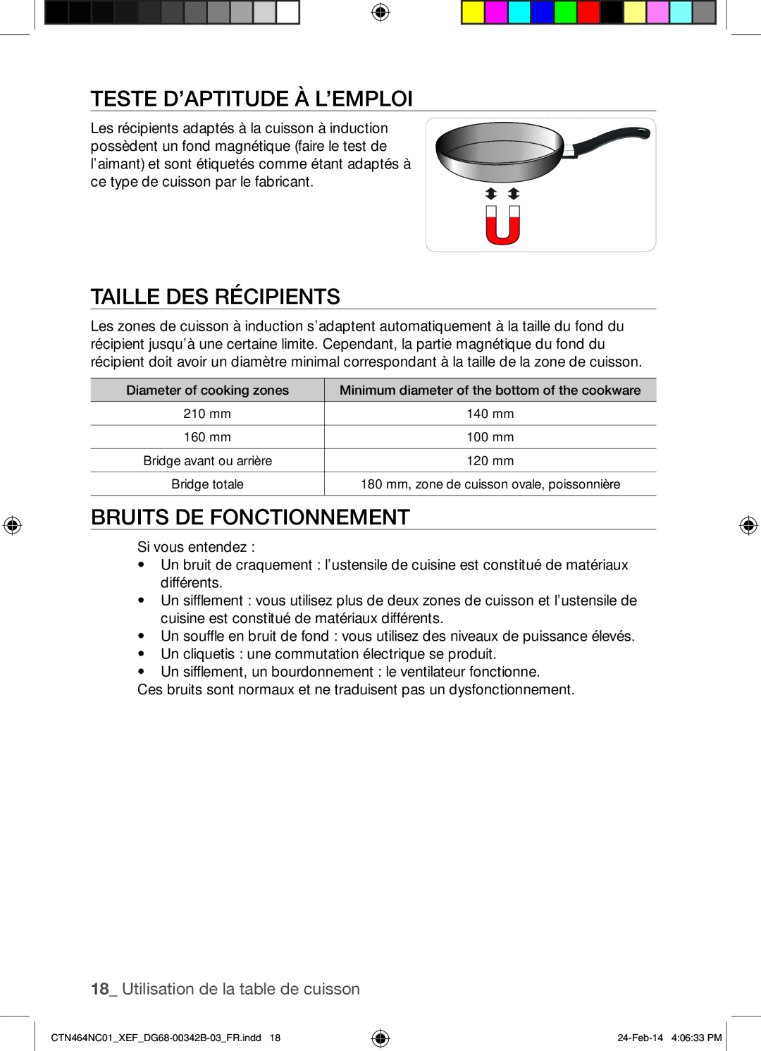 Samsung CTN464NC01/XEF manual Teste D’APTITUDE À L’EMPLOI, Taille DES Récipients, Bruits DE Fonctionnement 