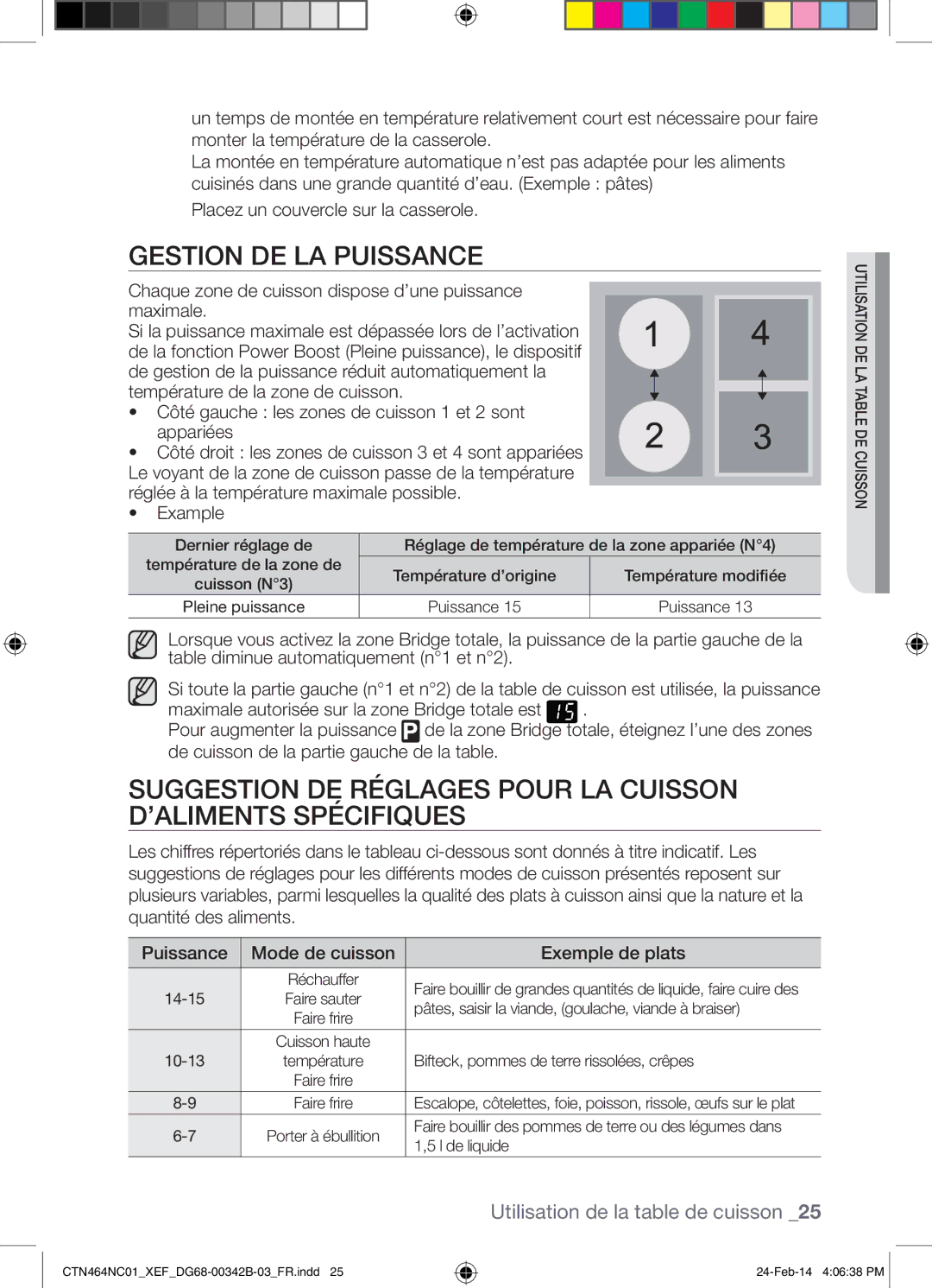 Samsung CTN464NC01/XEF manual Gestion DE LA Puissance, Chaque zone de cuisson dispose d’une puissance maximale, Example 