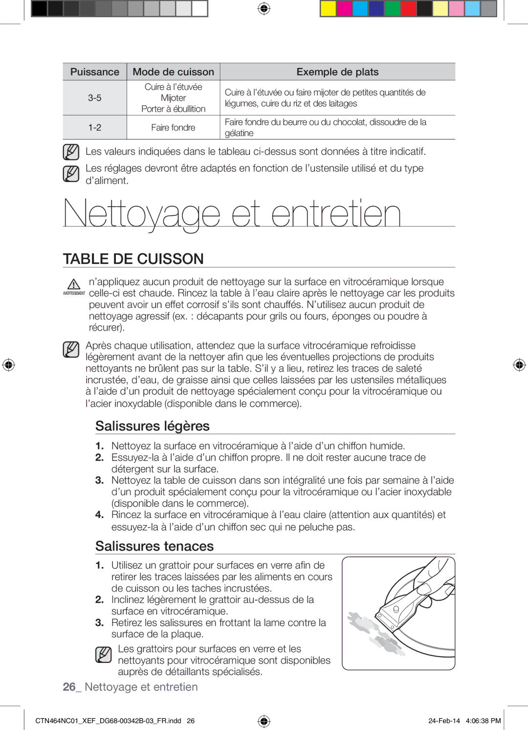 Samsung CTN464NC01/XEF manual Nettoyage et entretien, Table DE Cuisson, Salissures légères, Salissures tenaces 