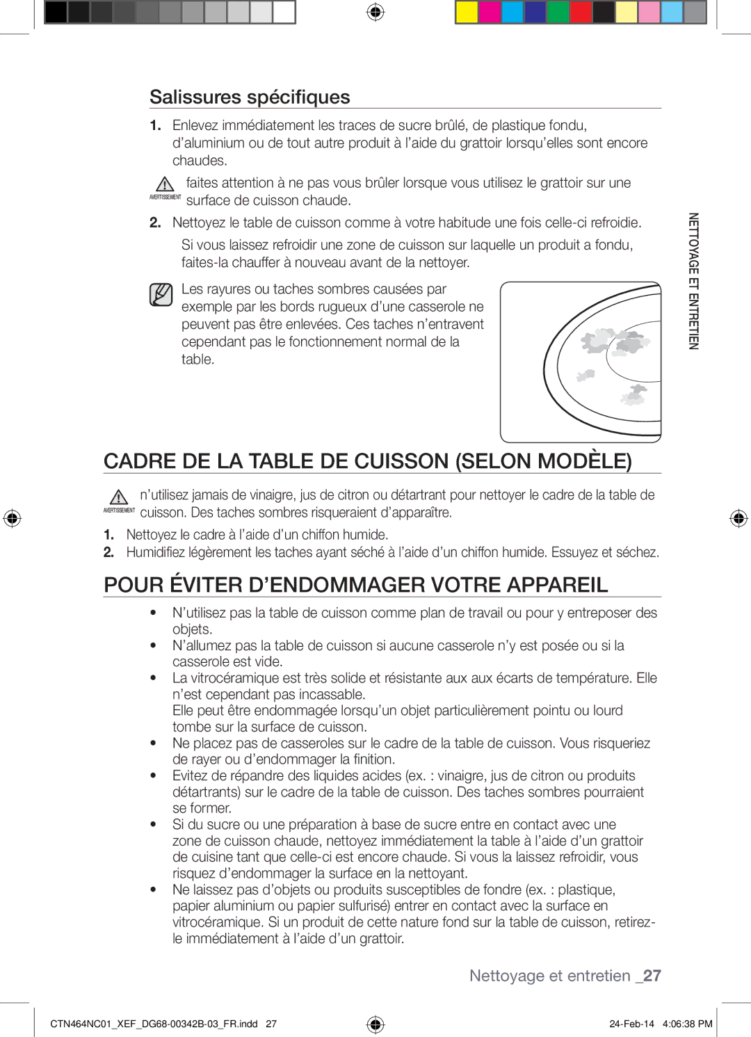 Samsung CTN464NC01/XEF manual Cadre DE LA Table DE Cuisson Selon Modèle, Pour Éviter D’ENDOMMAGER Votre Appareil 