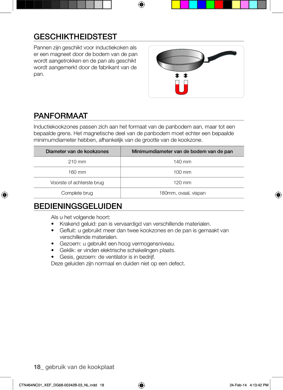 Samsung CTN464NC01/XEF manual Geschiktheidstest, Panformaat, Bedieningsgeluiden 