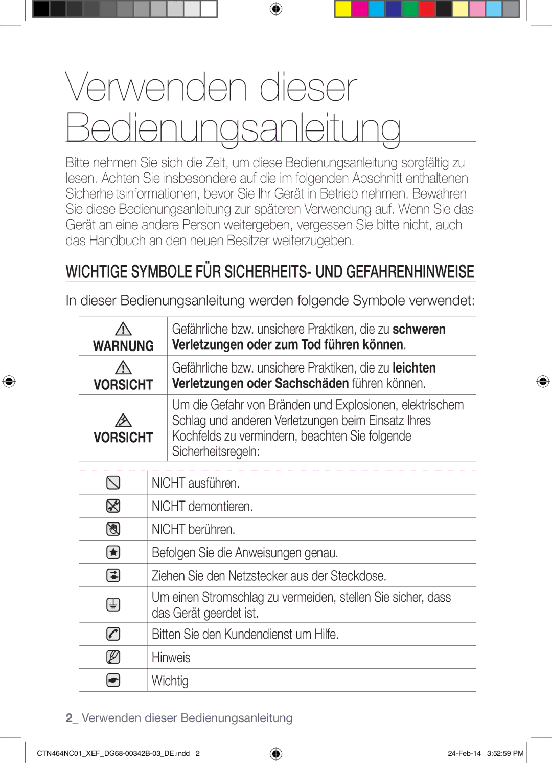 Samsung CTN464NC01/XEF manual Wichtige Symbole FÜR SICHERHEITS- UND Gefahrenhinweise 