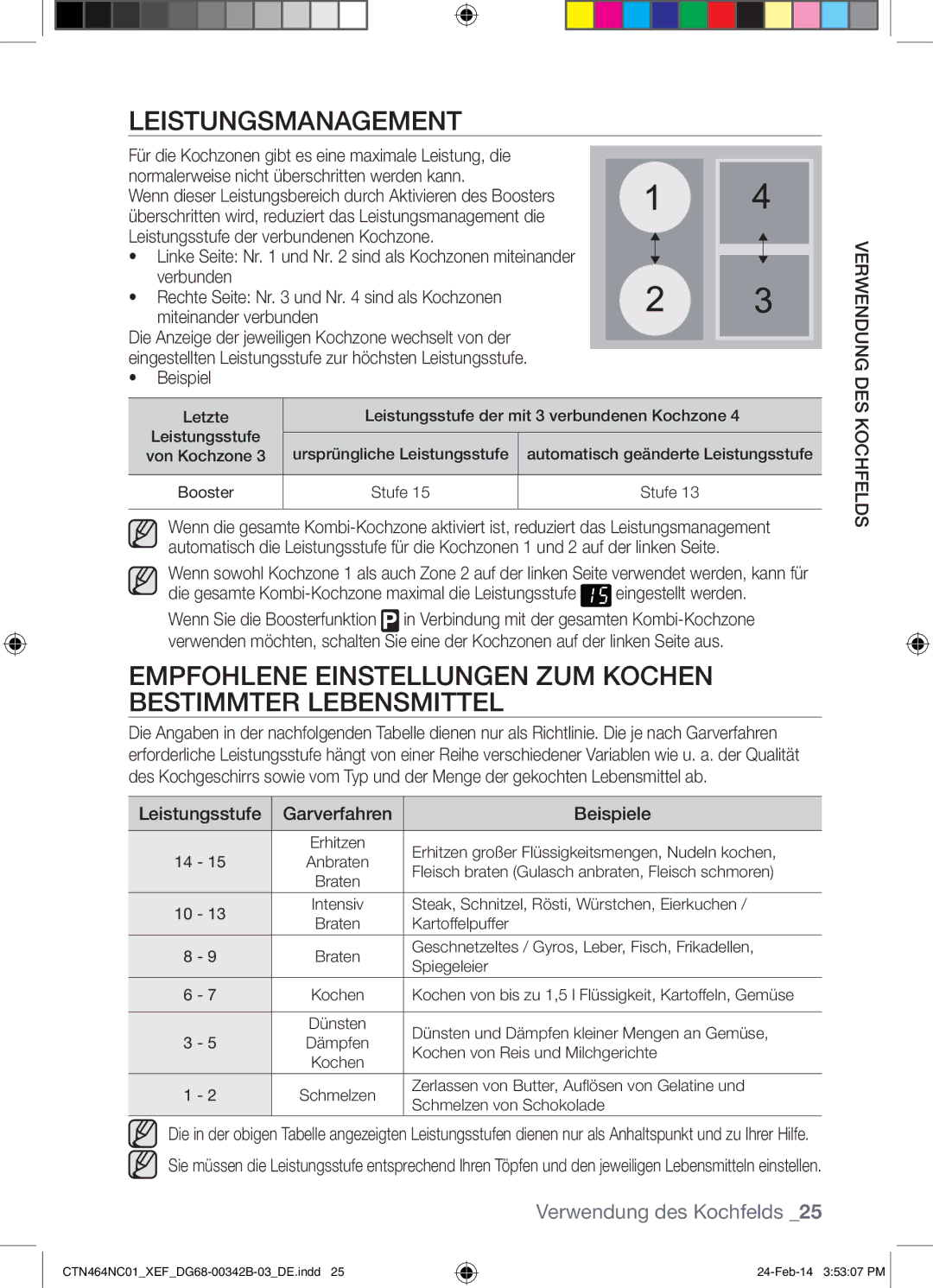 Samsung CTN464NC01/XEF manual Leistungsmanagement, Empfohlene Einstellungen ZUM Kochen Bestimmter Lebensmittel, Beispiel 