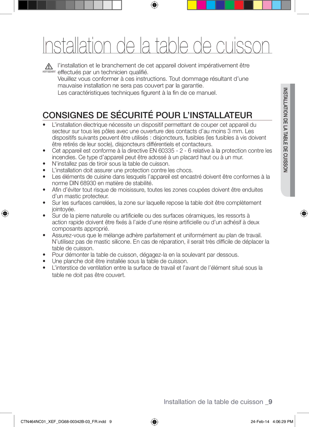 Samsung CTN464NC01/XEF manual Installation de la table de cuisson, Consignes DE Sécurité Pour L’INSTALLATEUR 