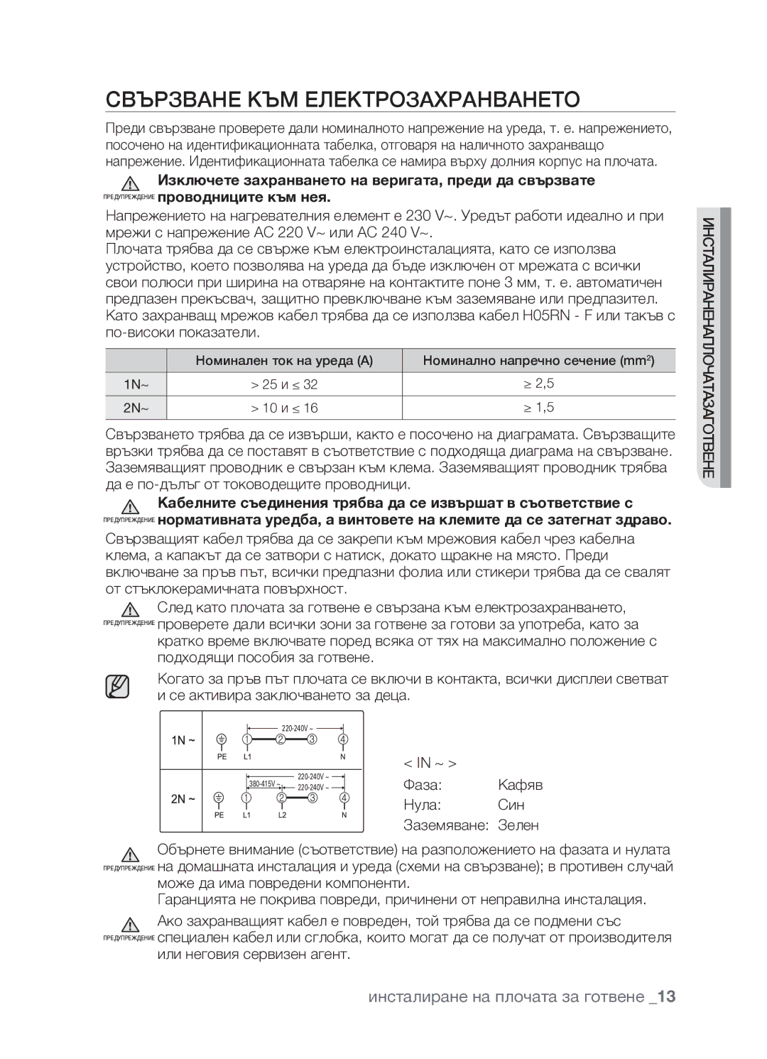 Samsung CTR164NB01/BOL manual Свързване към електрозахранването, Нула Син Заземяване Зелен 