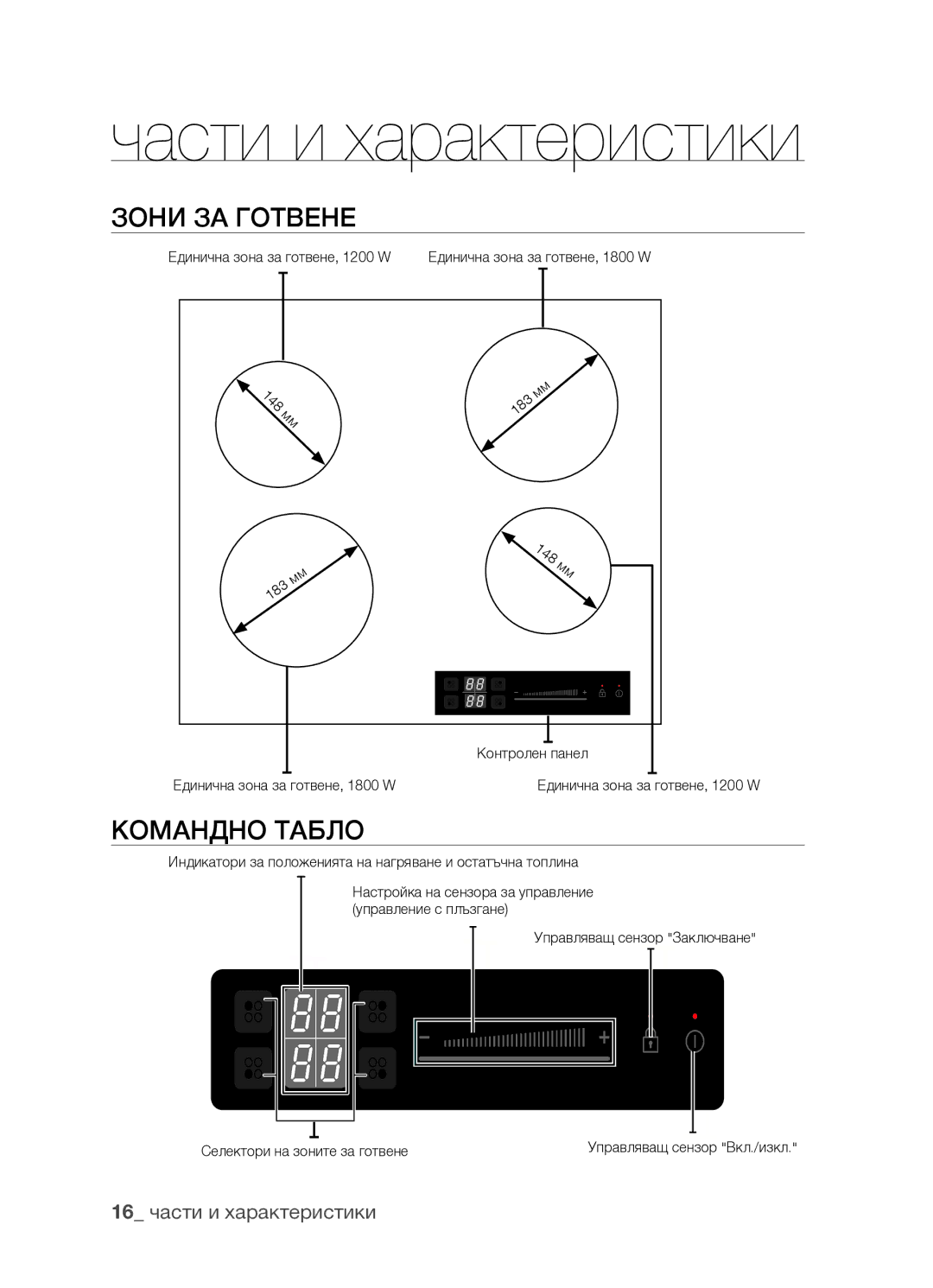 Samsung CTR164NB01/BOL manual Части и характеристики, Зони за готвене, Командно табло 