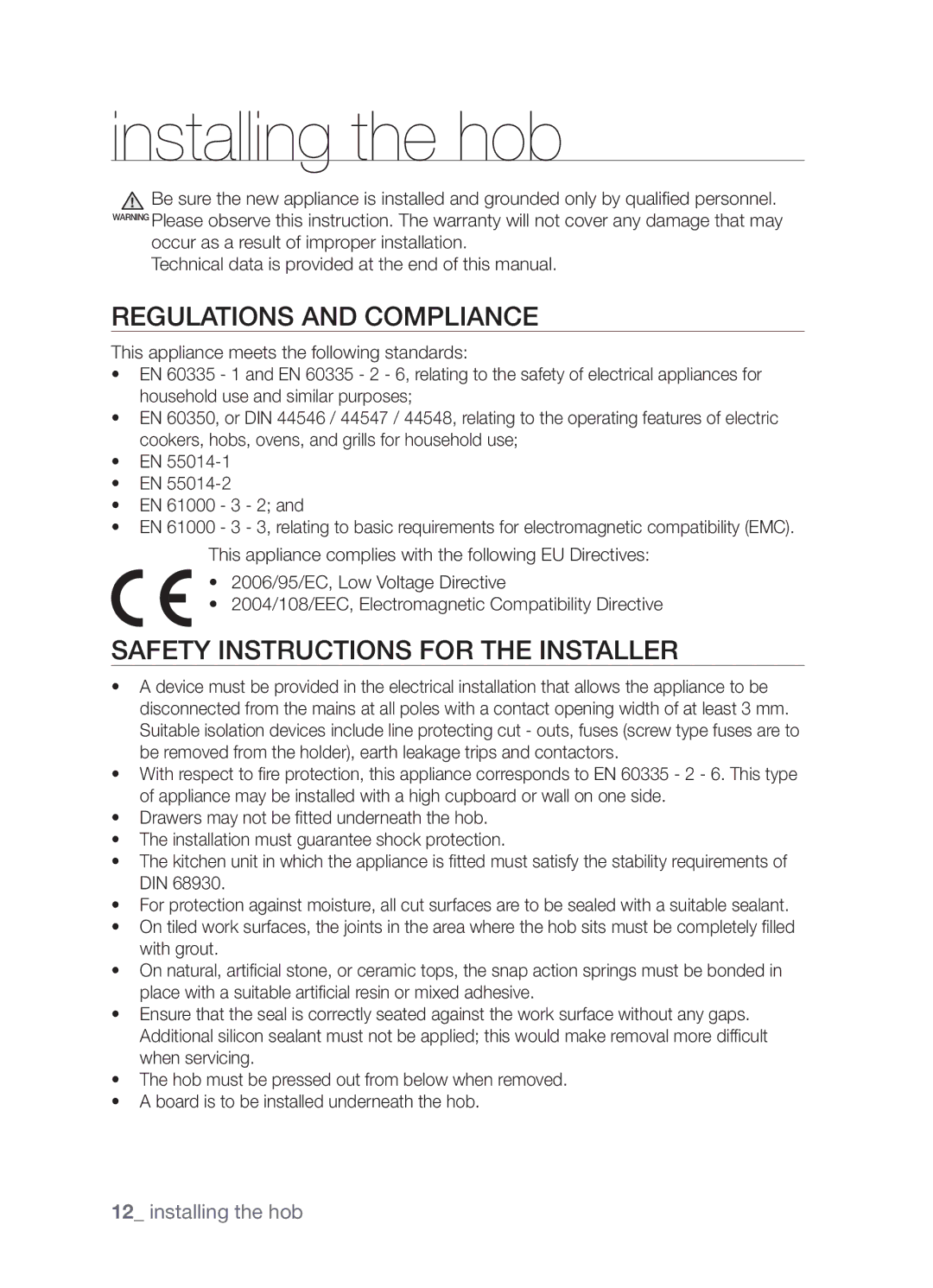 Samsung CTR164NB01/BOL manual Installing the hob, Regulations and compliance, Safety instructions for the installer 