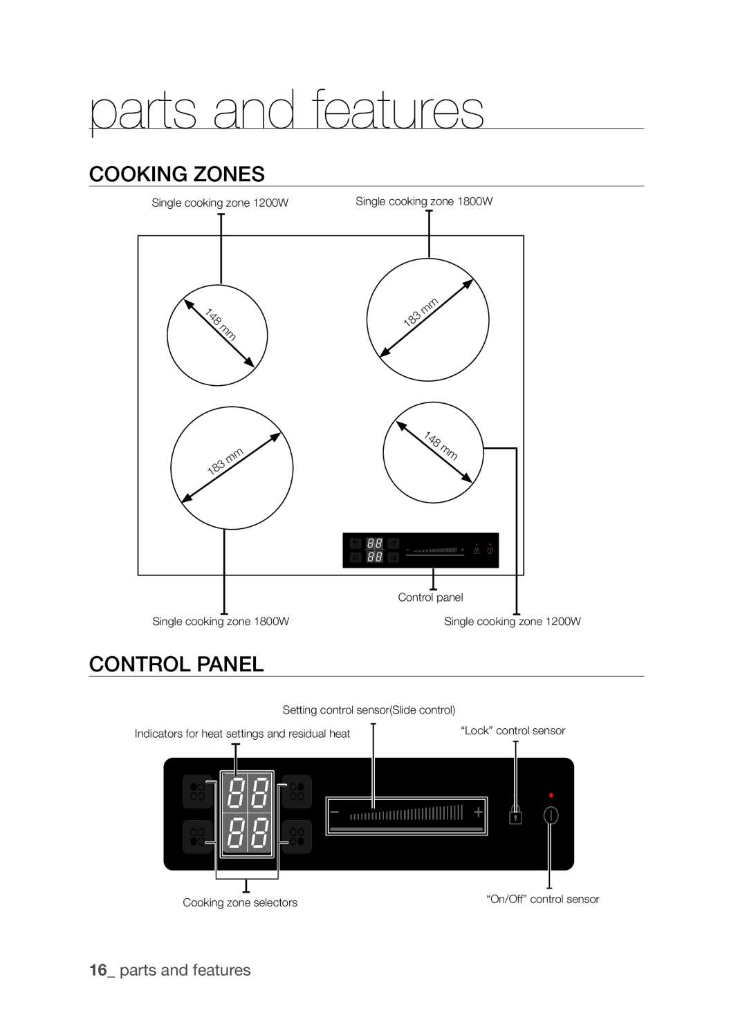 Samsung CTR164NB01/BOL manual Parts and features, Cooking zones, Control panel 